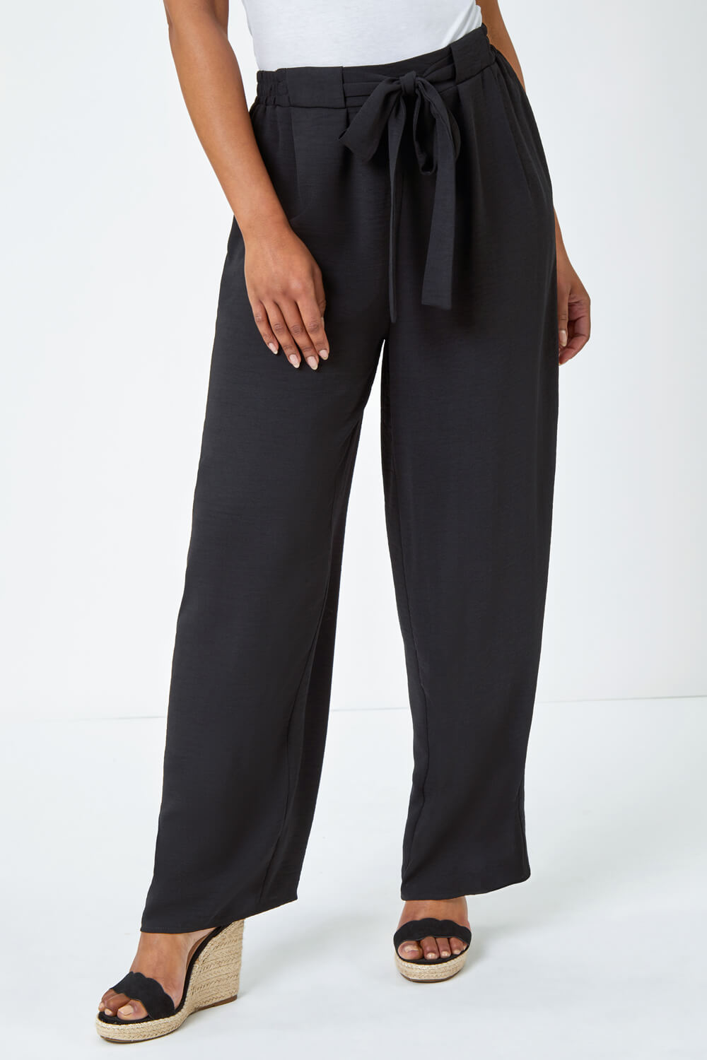 Black Petite Wide Leg Belted Trouser, Image 2 of 5