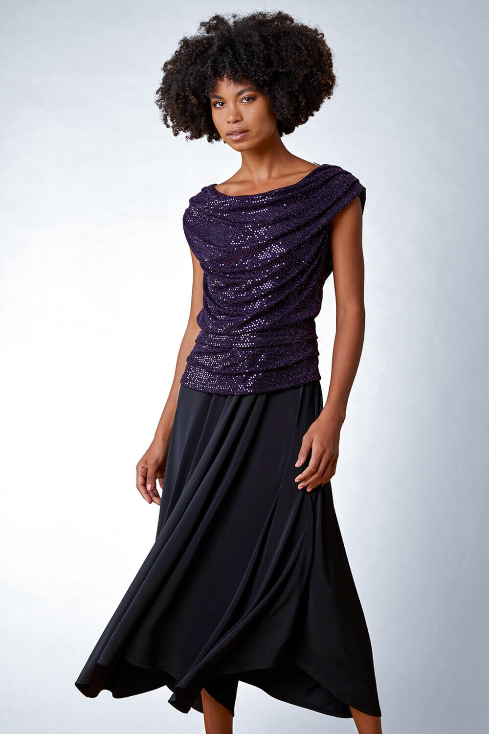 Sequin Cowl Neck Contrast Ruched Midi Dress