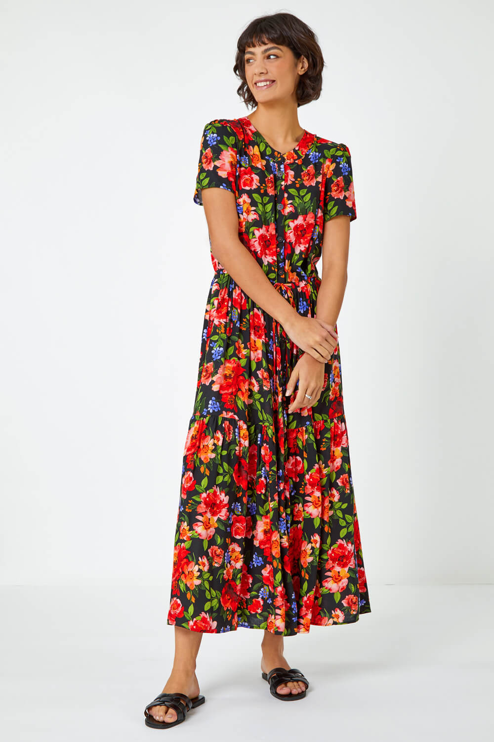 Red Floral Print Tiered Midi Dress, Image 4 of 5