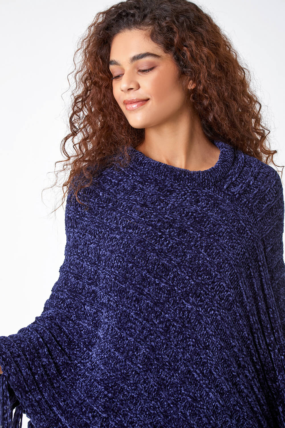 Midnight Blue One Size Chenille Tassel Trim Poncho, Image 4 of 5