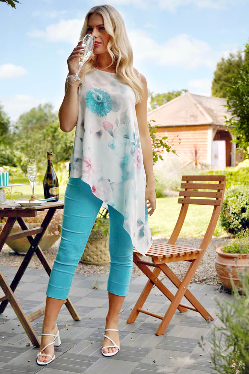 Ivory  Floral Print Asymmetric Tunic Top, Image 3 of 4