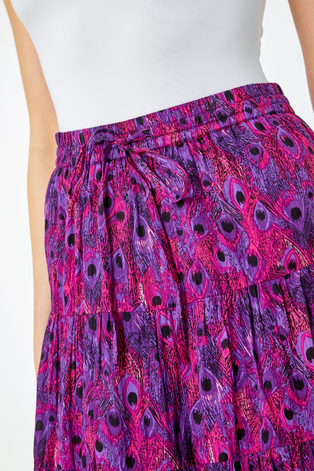 Fuchsia Feather Print Tiered Cotton Maxi Skirt, Image 5 of 5