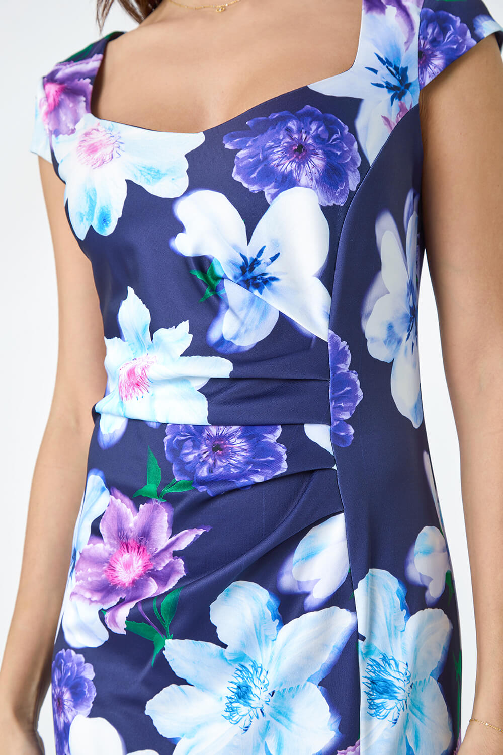 Navy Premium Stretch Floral Frill Hem Dress | Roman UK