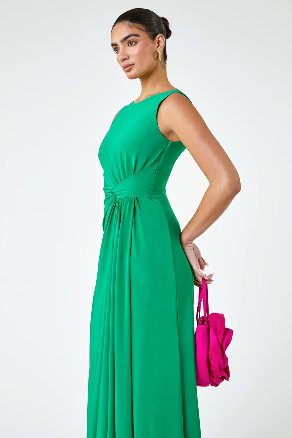 Green Drape Twist Stretch Ruched Maxi Dress, Image 4 of 6