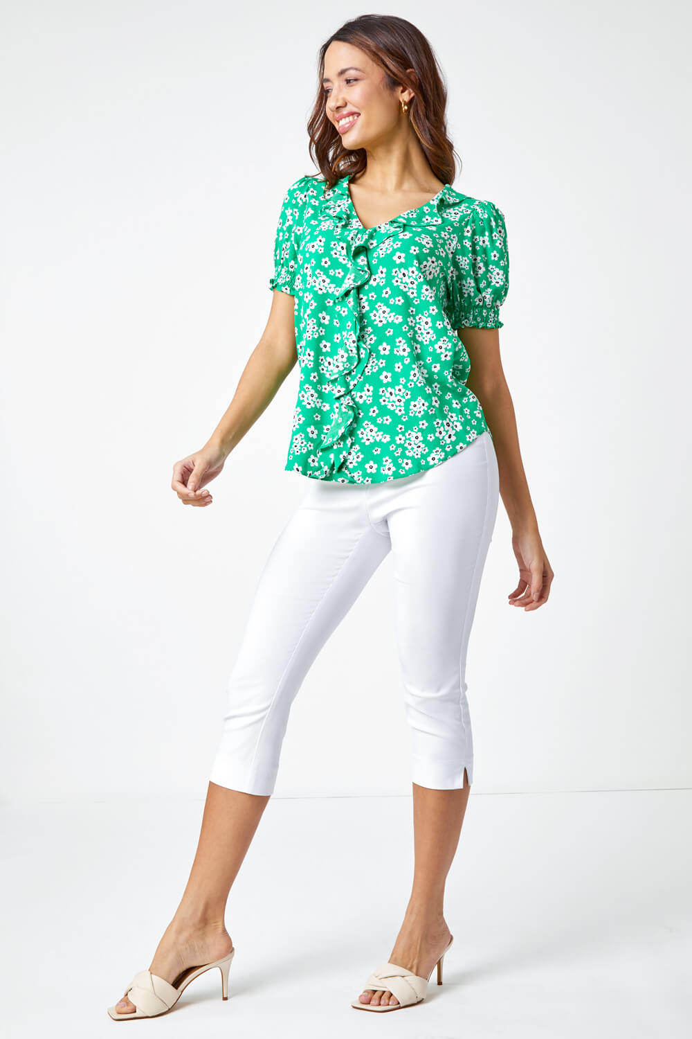 Green Ditsy Floral Print Ruffle Top, Image 2 of 5