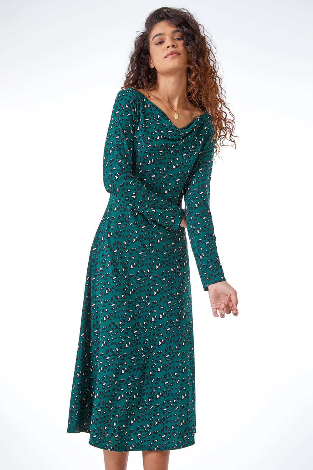 Animal Print Cowl Neck Midi Dress in Green - Roman Originals UK