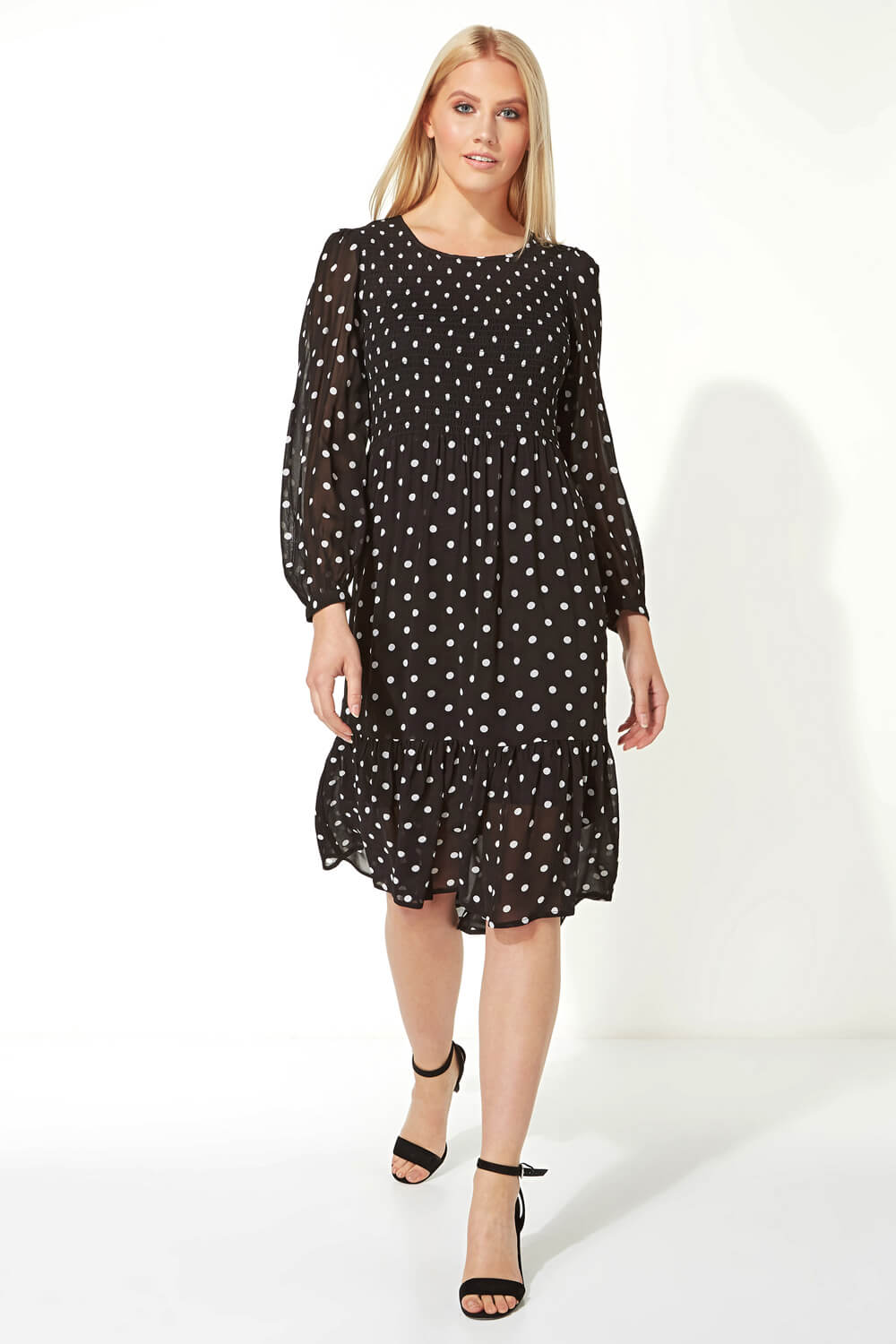 Shirred Bodice Polka Dot Dress in Black - Roman Originals UK