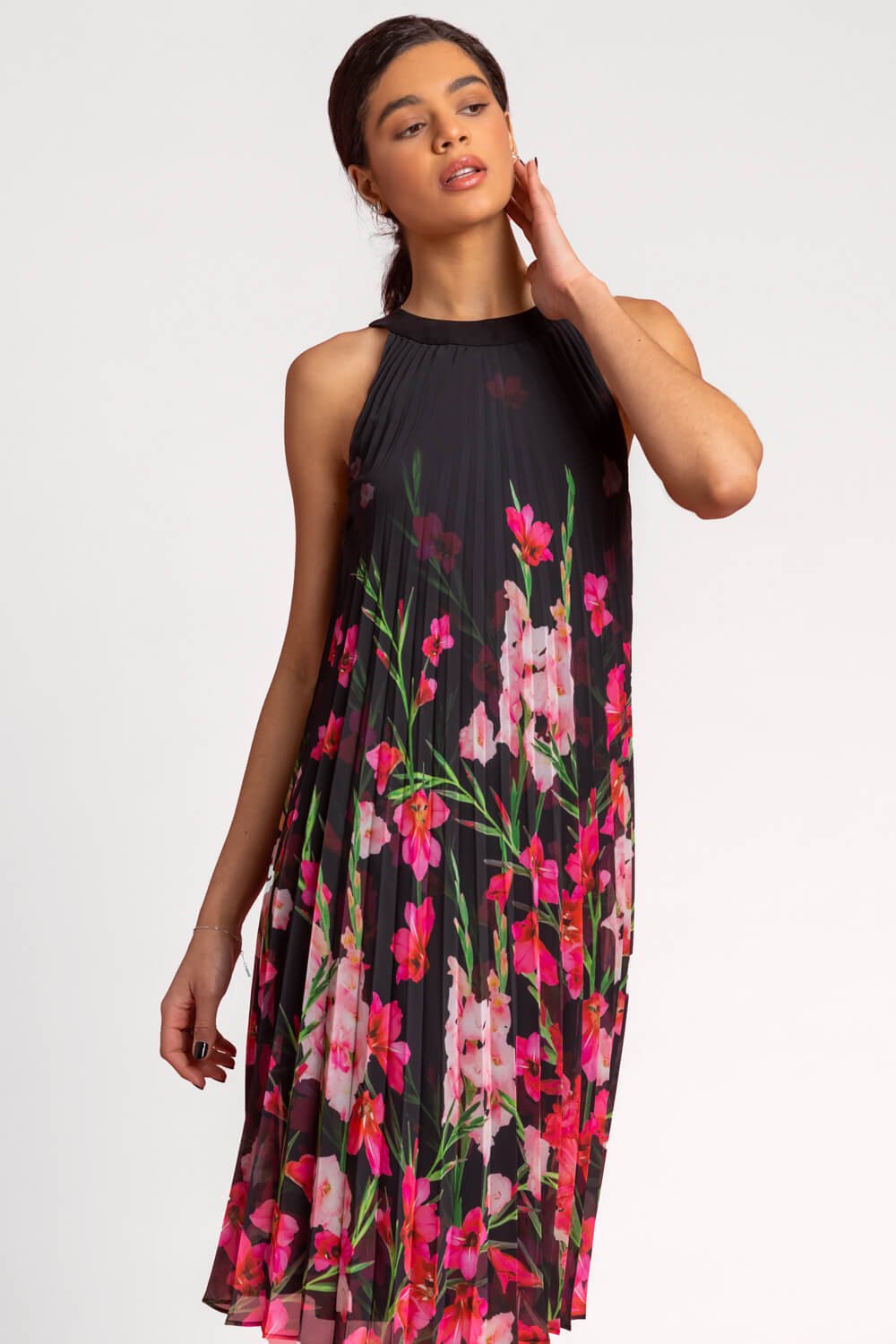 High Neck Floral Pleated Swing Dress