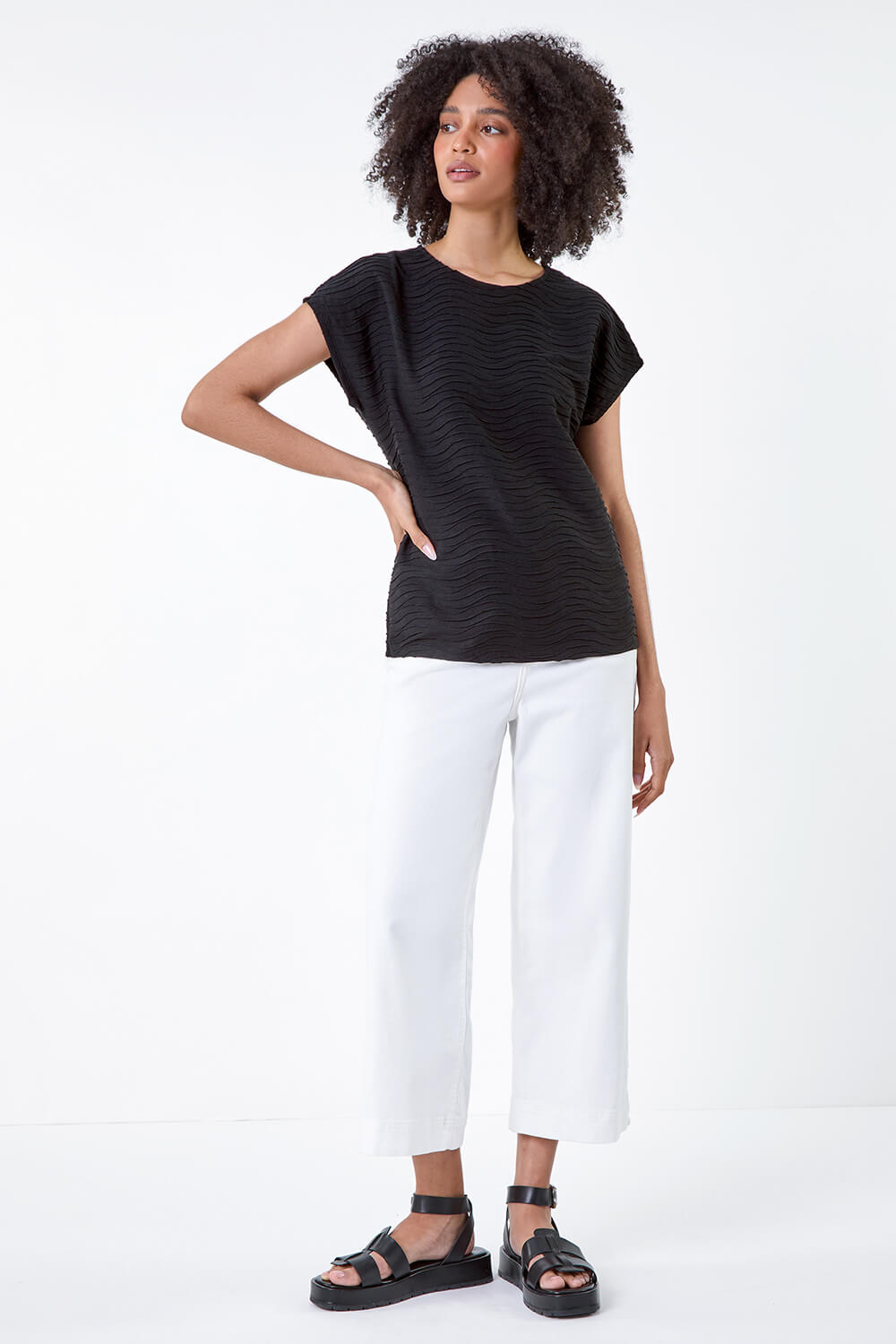 Black Plain Wave Textured Stretch Top, Image 2 of 5