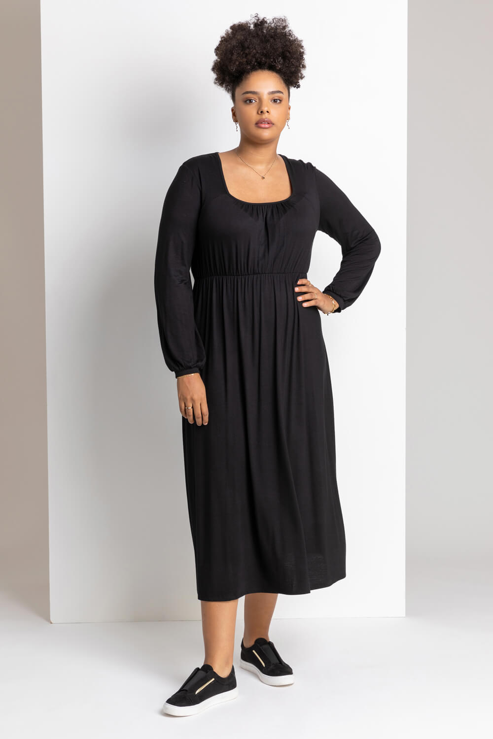 Black Curve Long Sleeve Jersey Midi Dress, Image 3 of 4