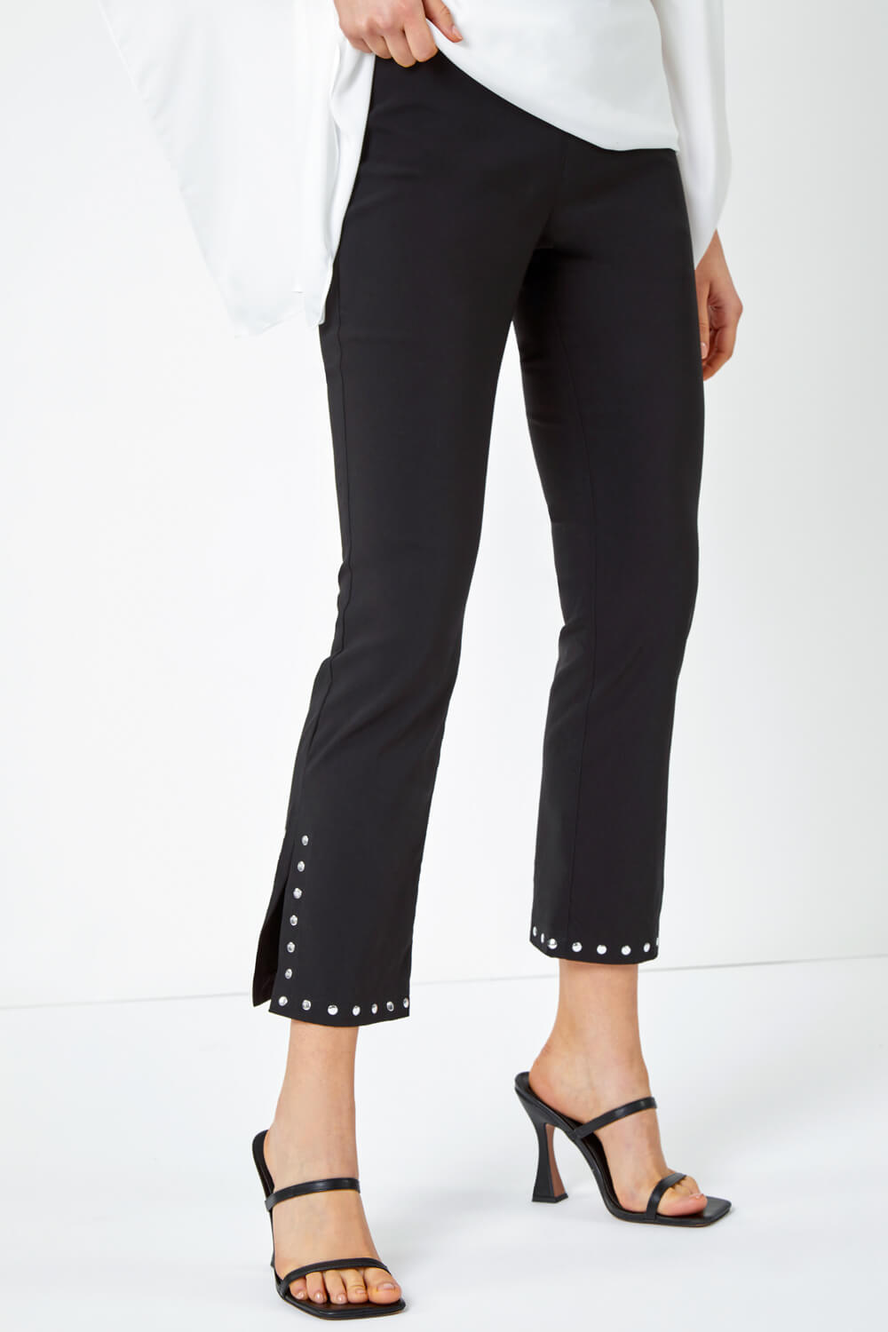 Black Stud Detail Cropped Stretch Trousers, Image 5 of 5