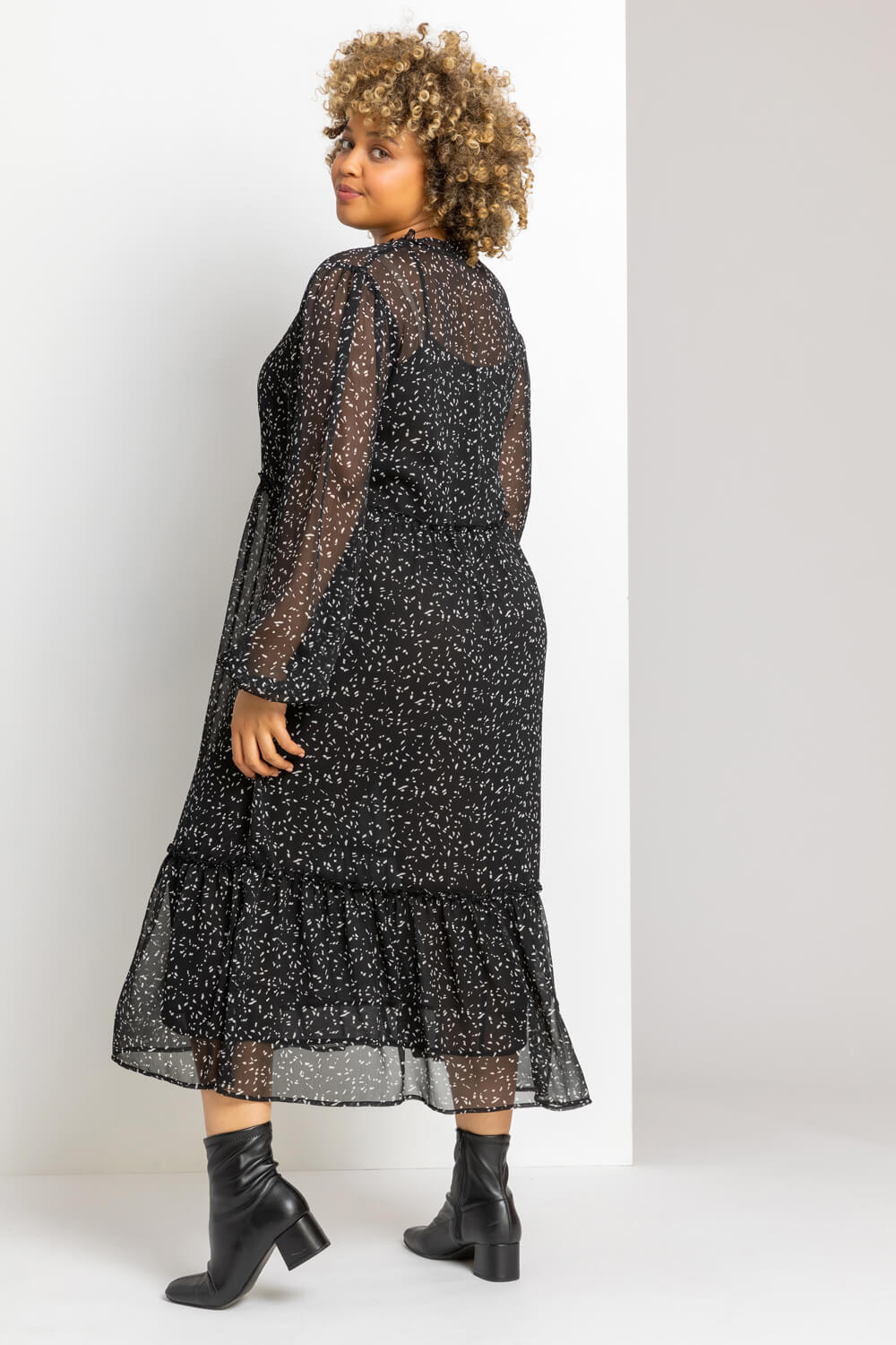 Black Curve Ditsy Print Tiered Midi Dress, Image 2 of 4