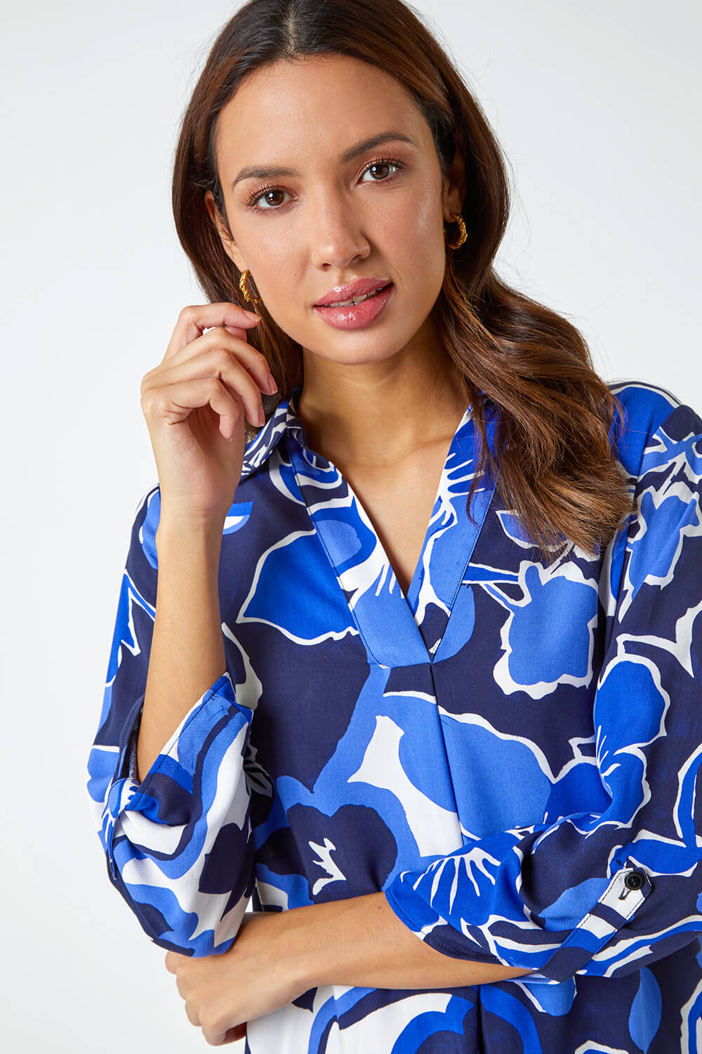 Royal Blue Floral Print Pleat Front Top, Image 5 of 6