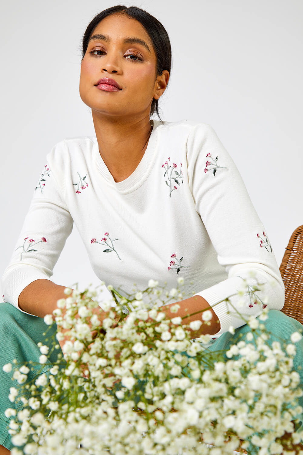 Ivory  Floral Embroidered Crew Neck Jumper, Image 5 of 5