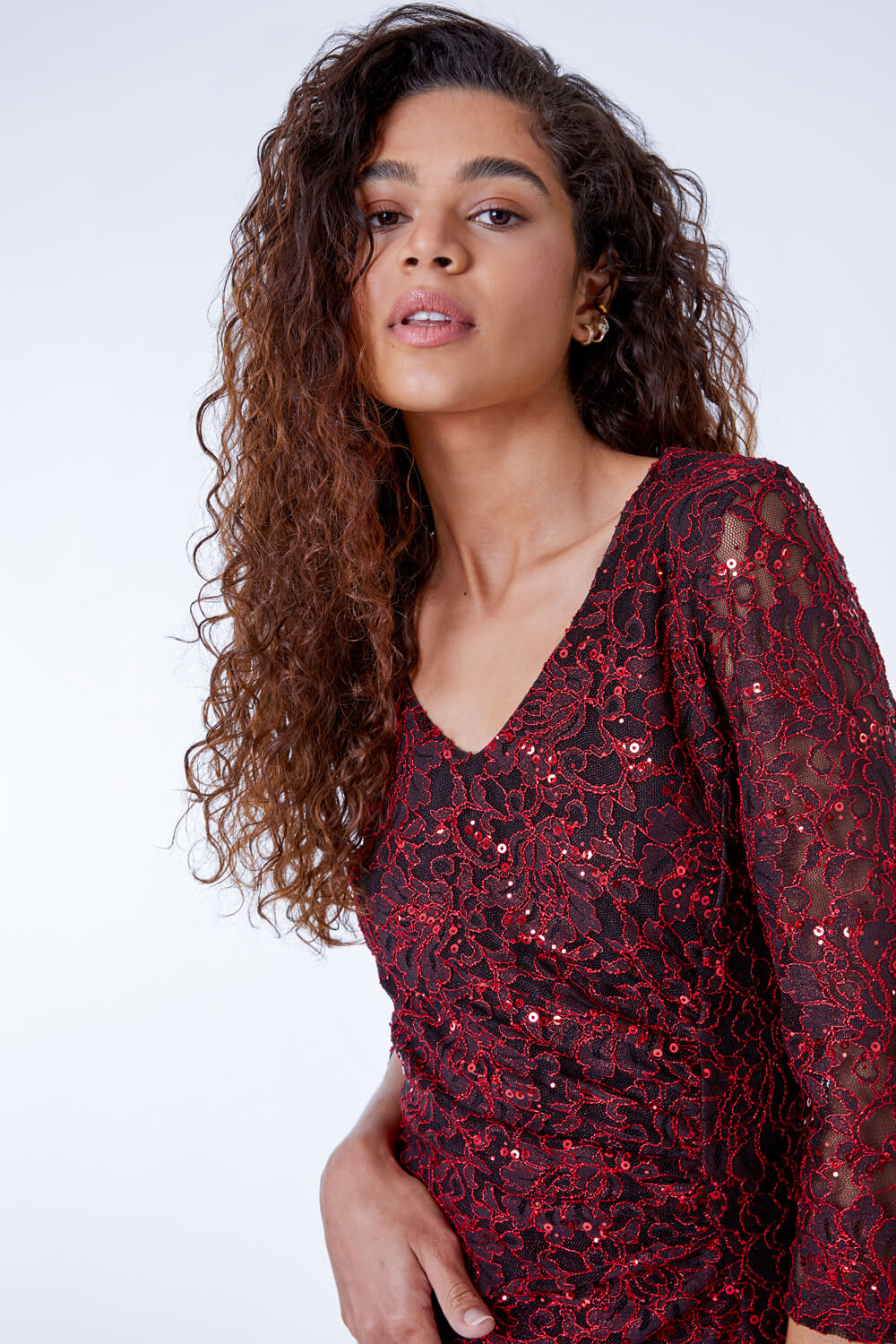 Red Embellished Ruched Lace Dress , Image 4 of 5