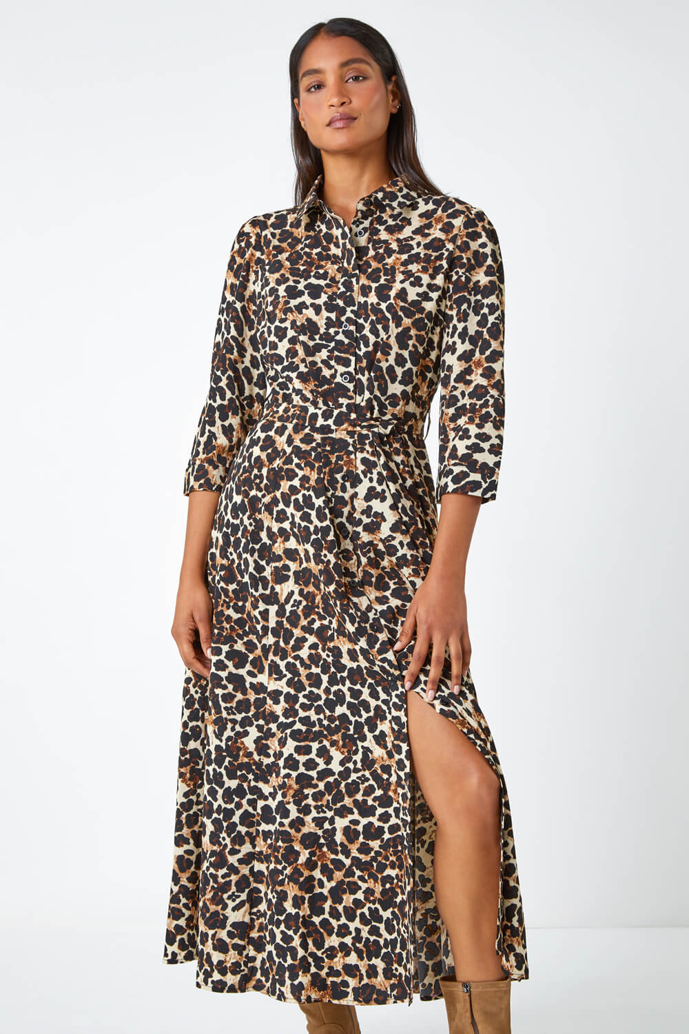 Beige Leopard Print Belted Shirt Dress, Image 4 of 5