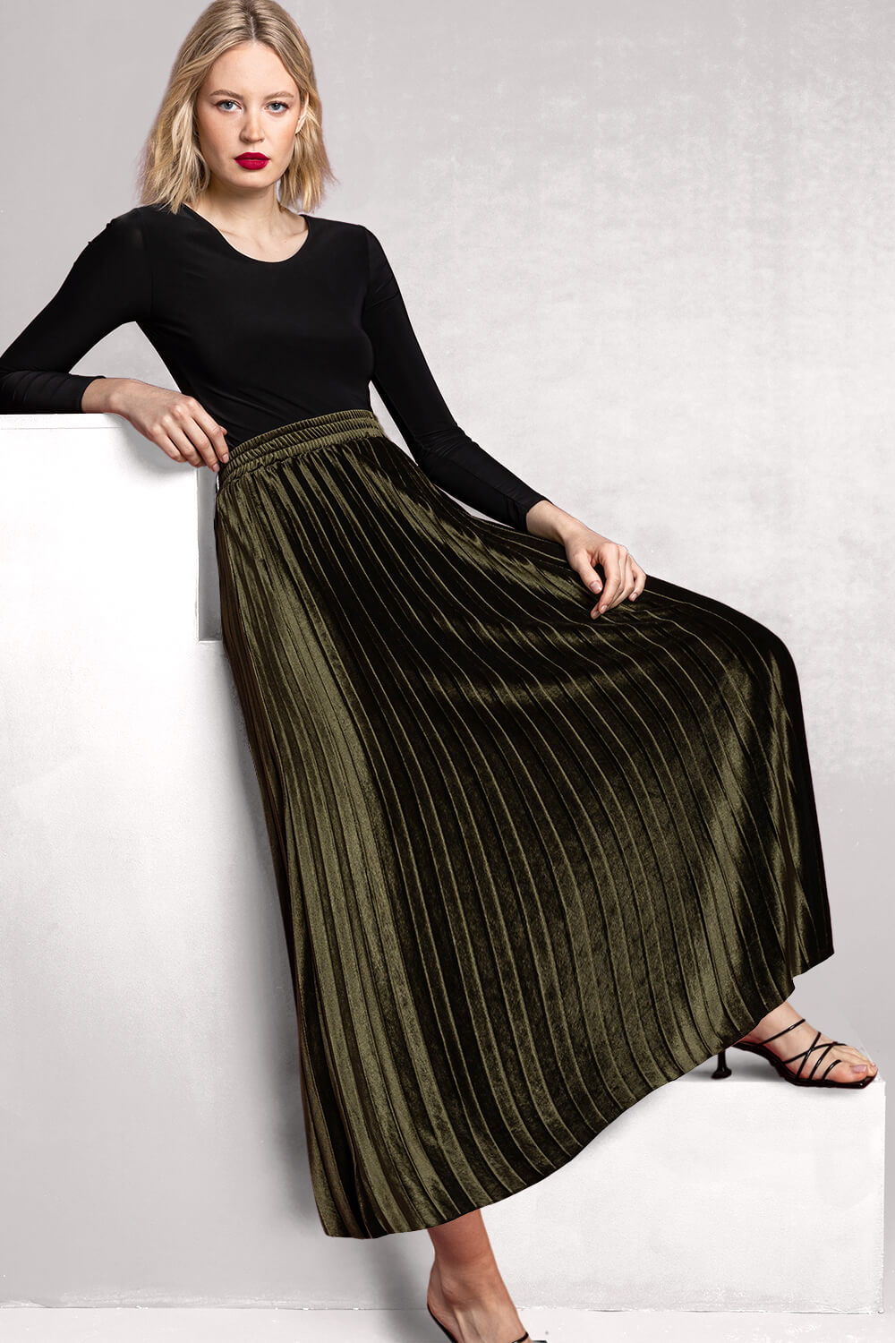 Olive Velour Pleated Midi Skirt, Image 5 of 5