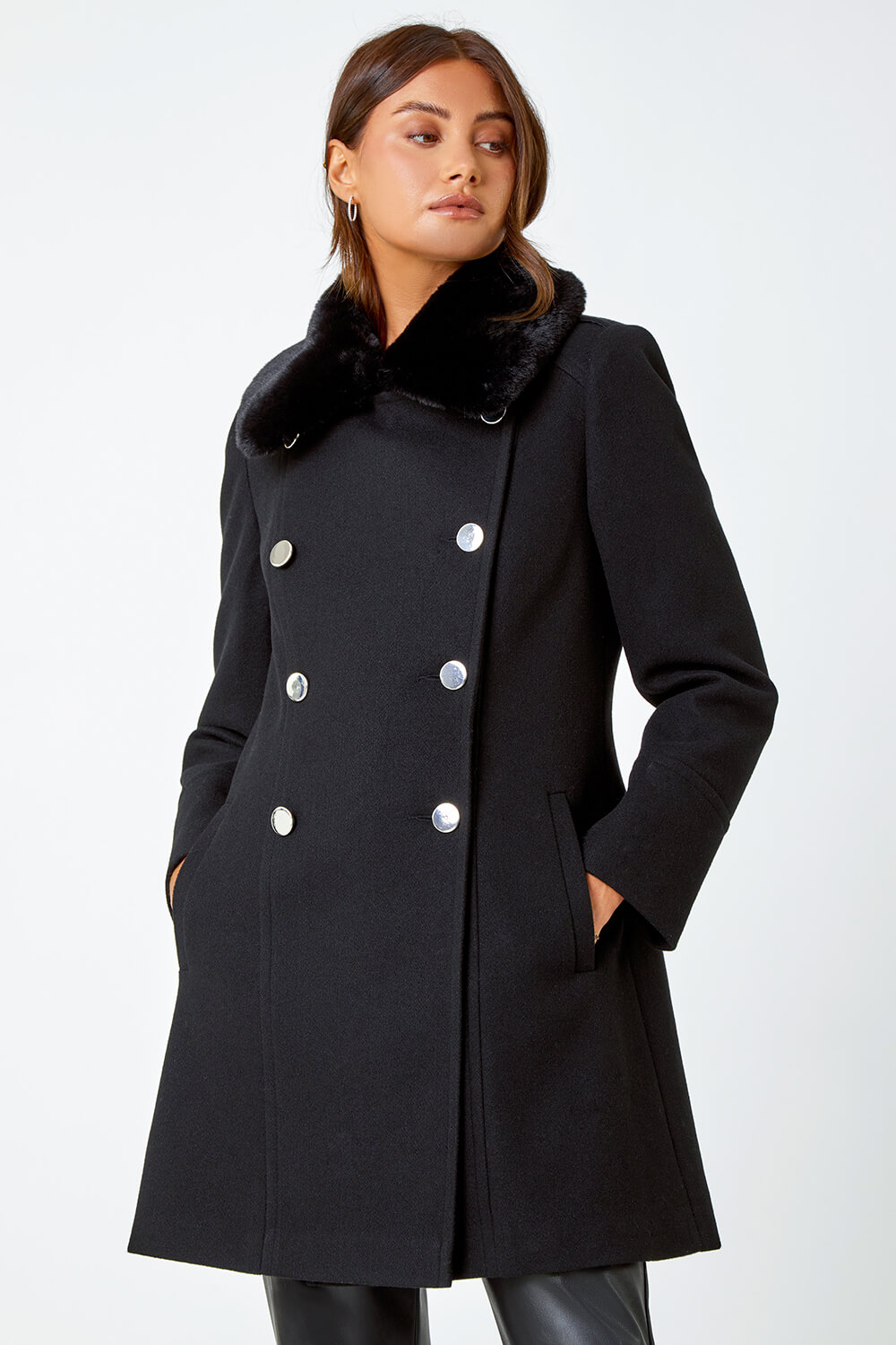 Black Double Breasted Faux Fur Collar Coat, Image 1 of 5