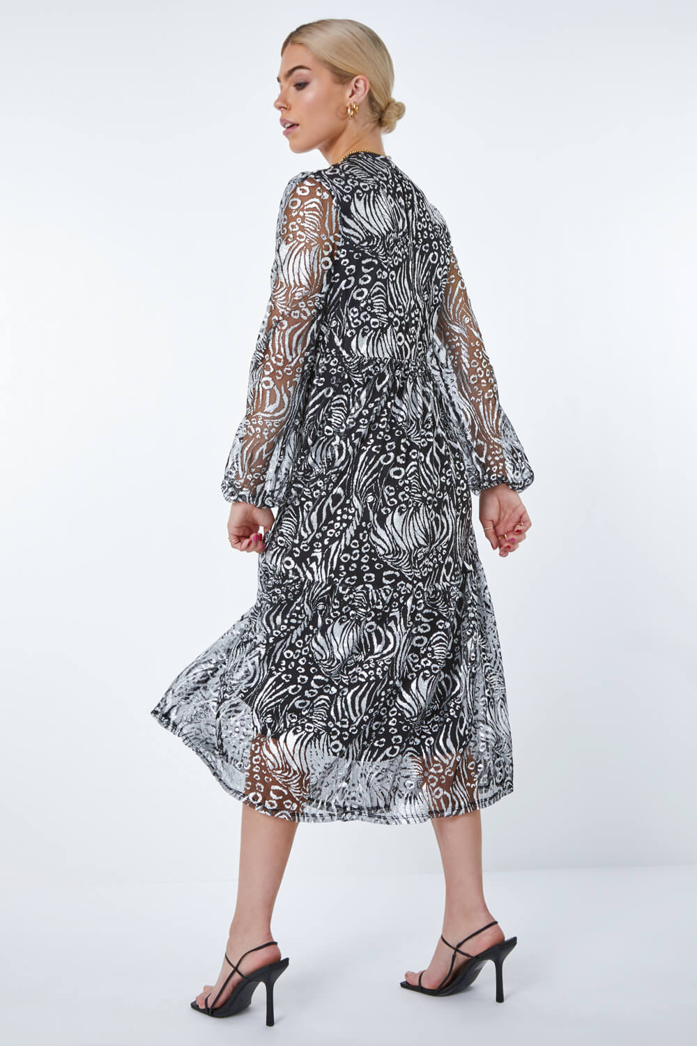 Silver Metallic Animal Print Tiered Midi Dress, Image 3 of 5