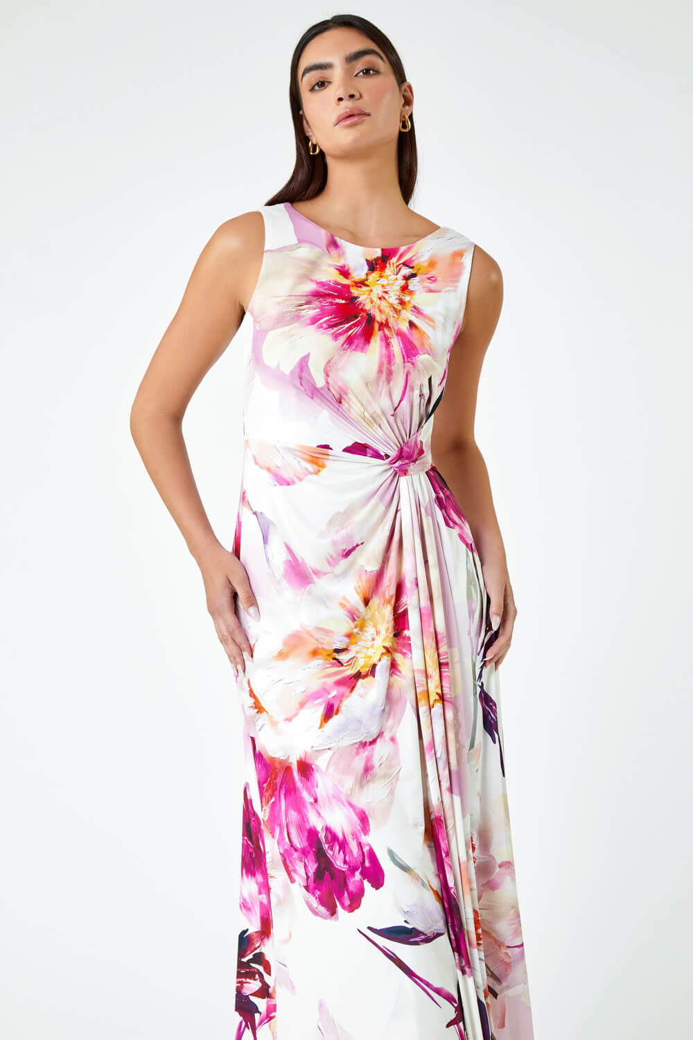 PINK Floral Drape Twist Ruched Maxi Dress, Image 5 of 6