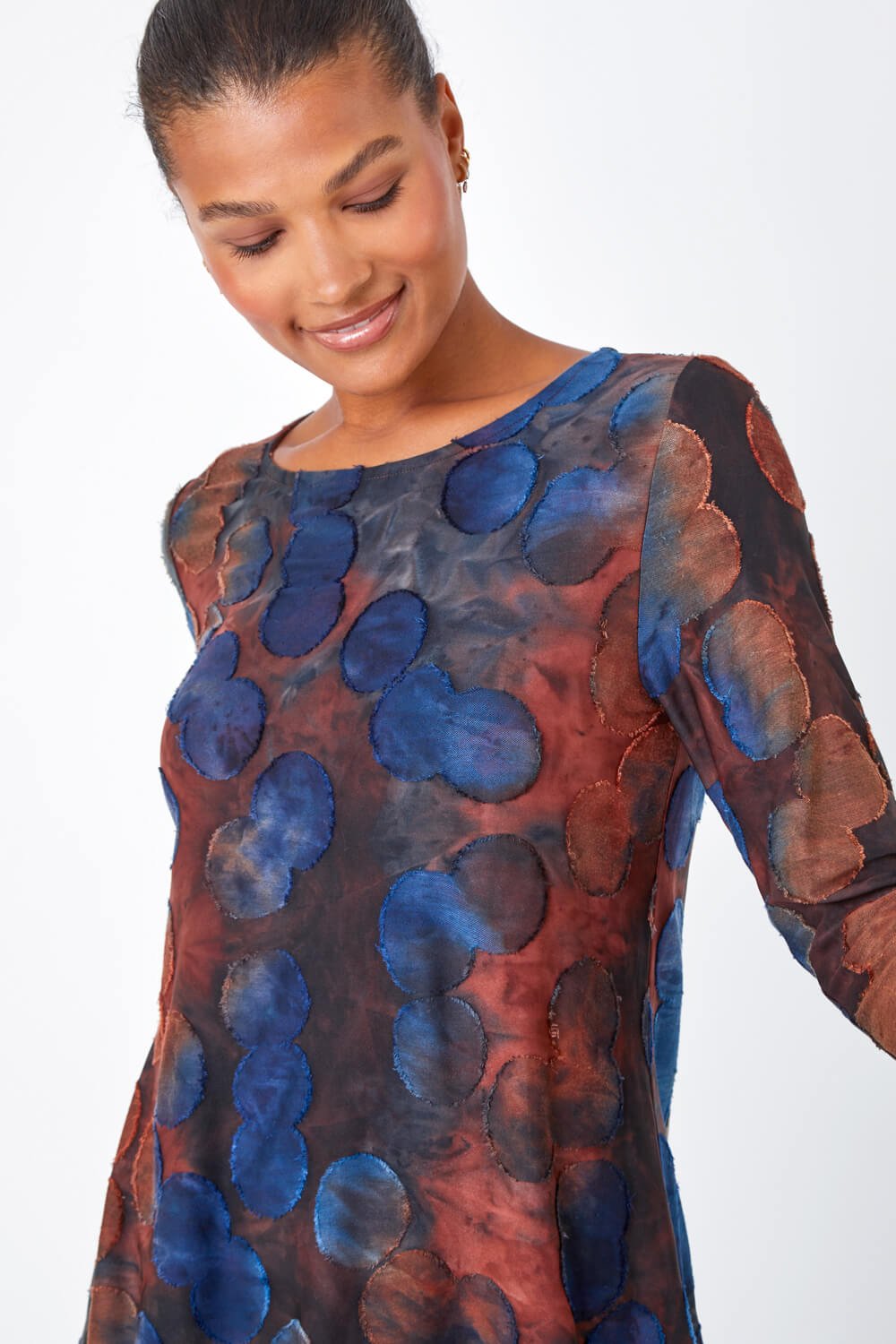 Red Cotton Blend Spot Print Stretch Top, Image 3 of 5