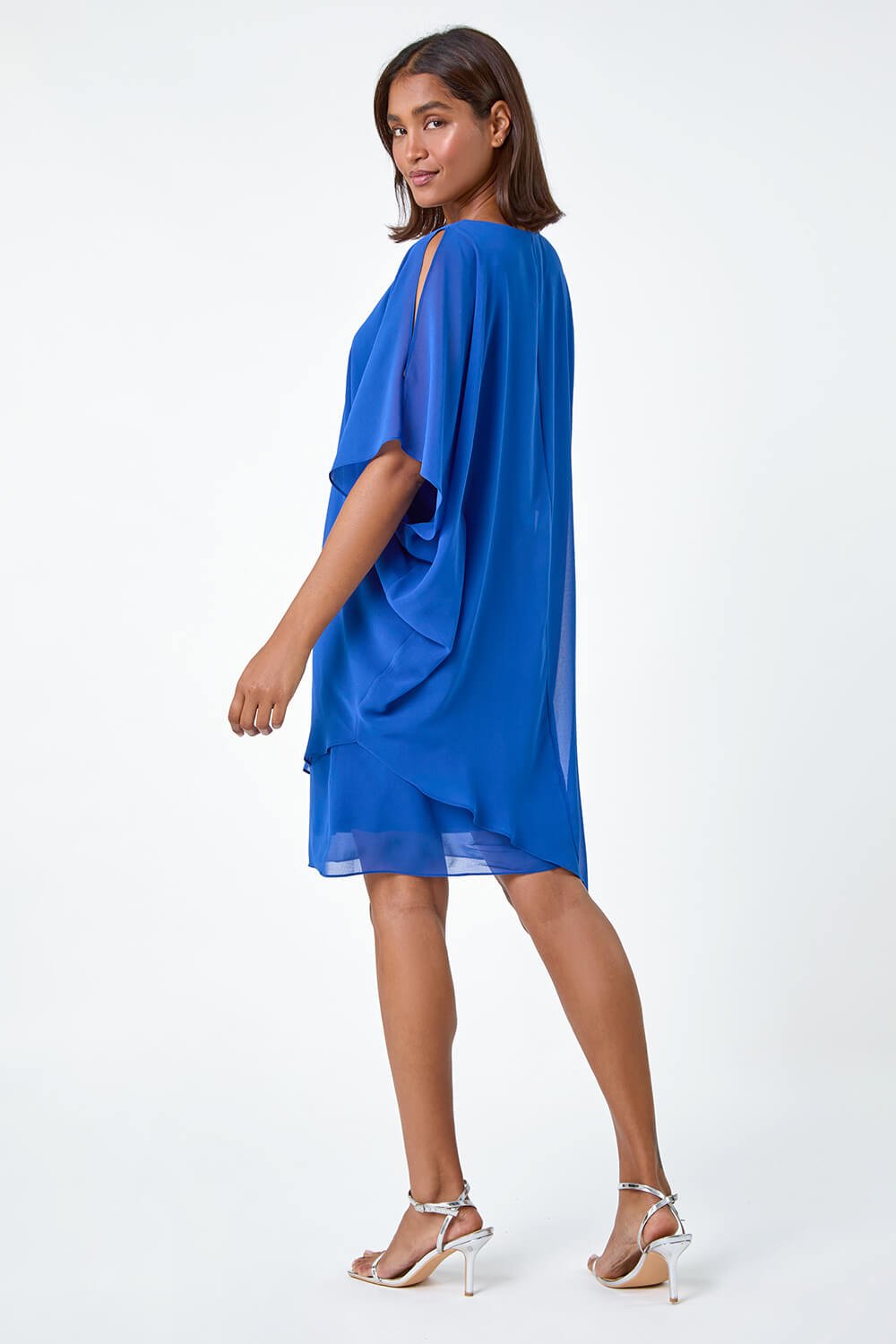Royal Blue Embellished Cold Shoulder Overlay Dress, Image 3 of 5