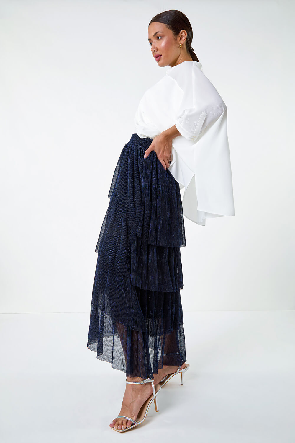 Midnight Blue Shimmer Tiered Mesh Maxi Skirt, Image 2 of 5