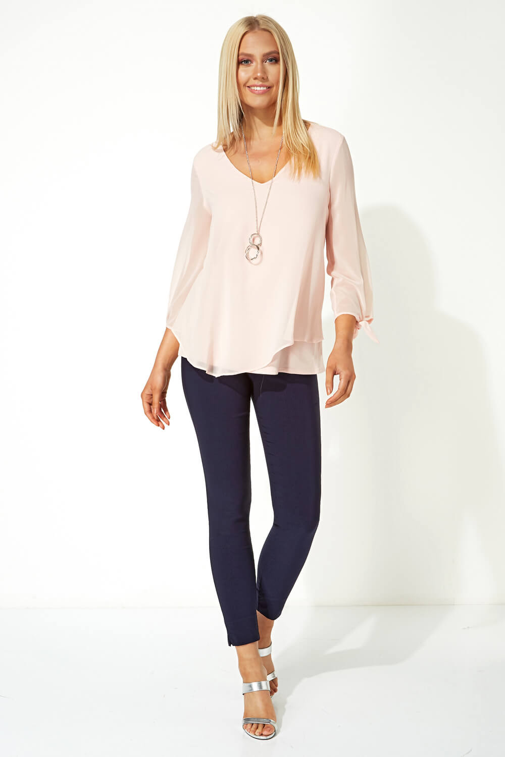 PINK Necklace Trim Jersey 3/4 Sleeve Chiffon Top, Image 2 of 4