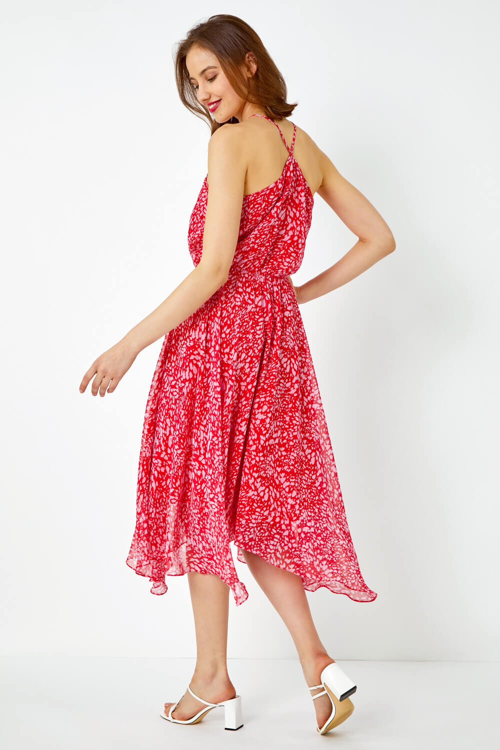 Red Abstract Print Halter Neck Midi Dress, Image 3 of 5