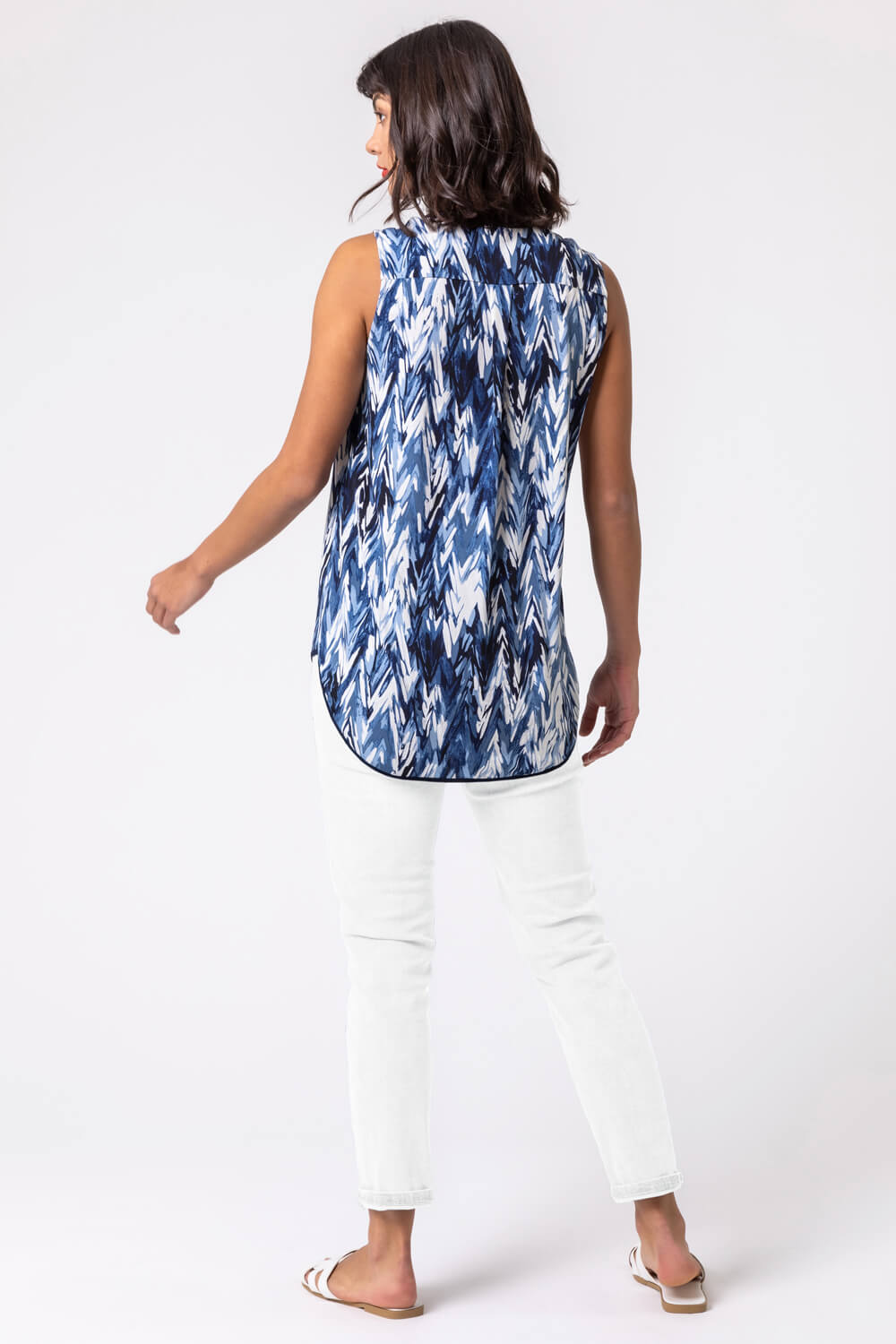 Blue Abstract Print Notch Neck Sleeveless Top, Image 2 of 4