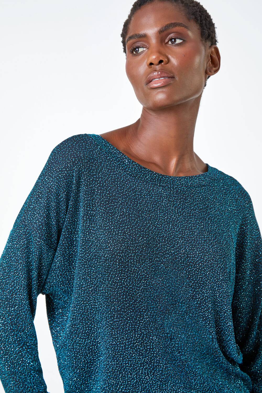 Teal Glitter Blouson Stretch Top , Image 4 of 5