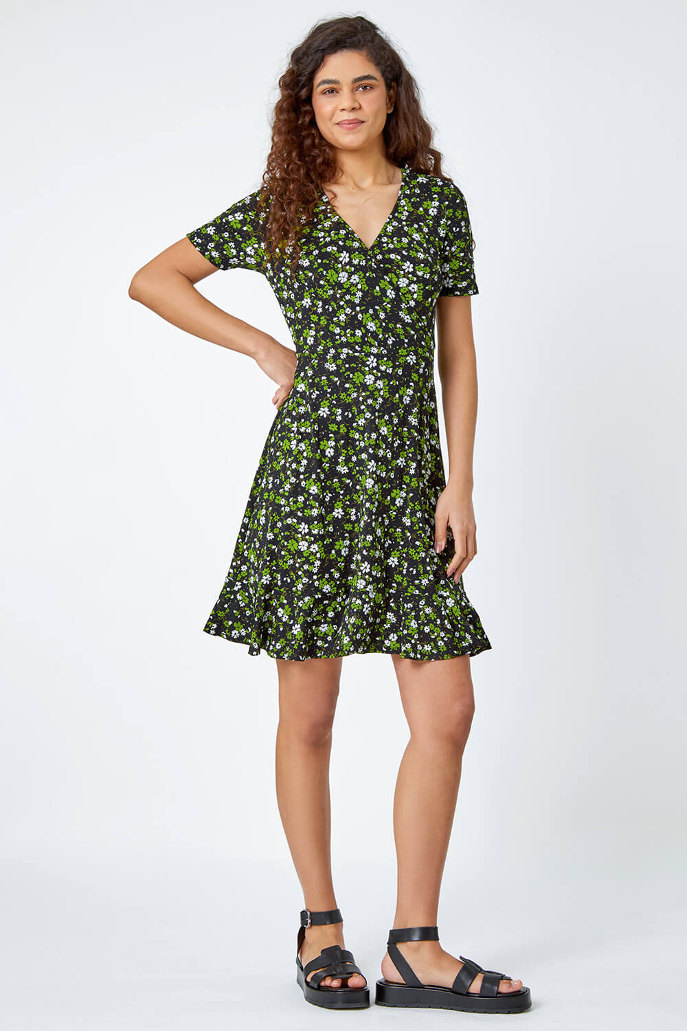 Green Floral Print Wrap Stretch Dress, Image 2 of 5