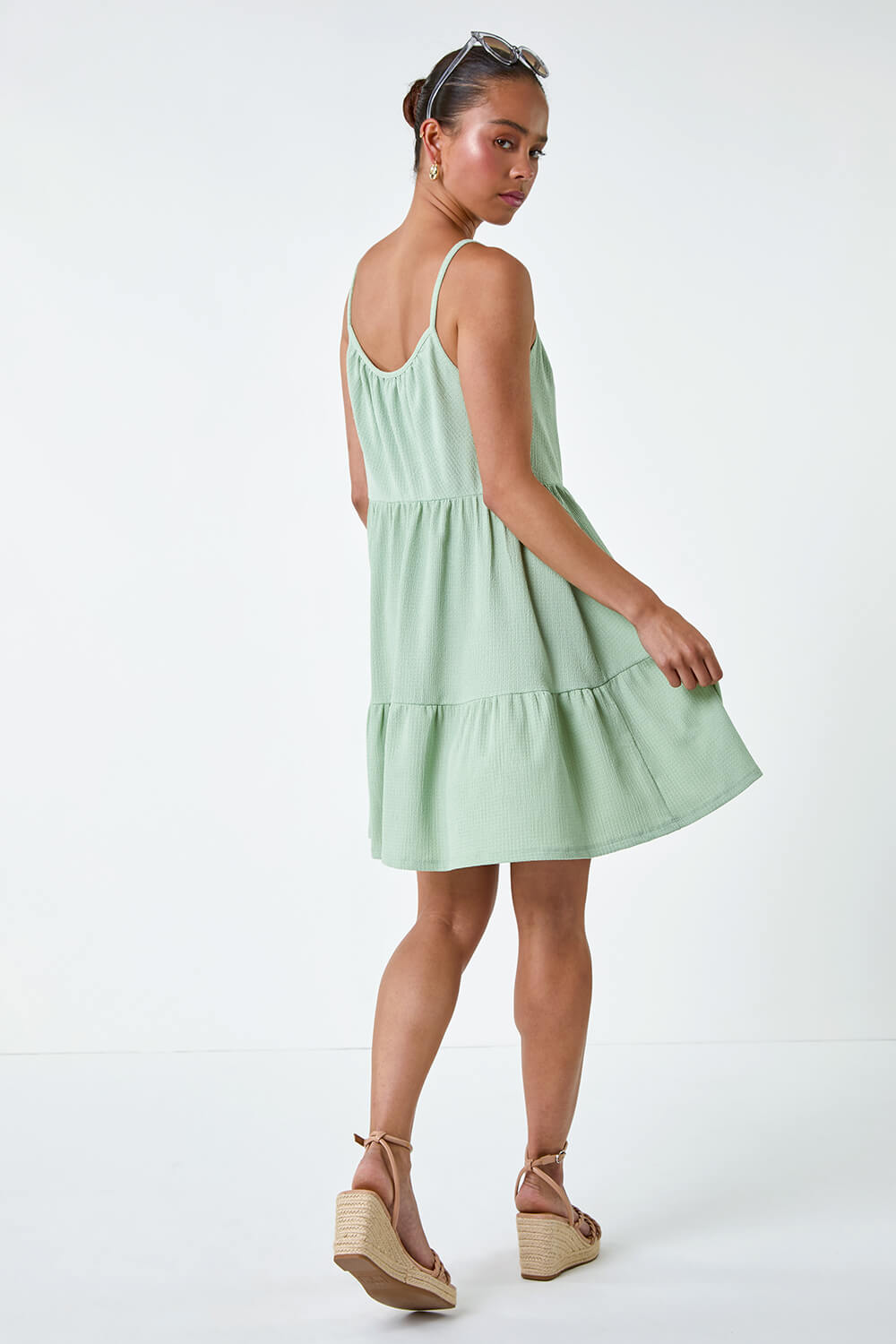 Mint Petite Textured Stretch Strappy Smock Dress, Image 3 of 5
