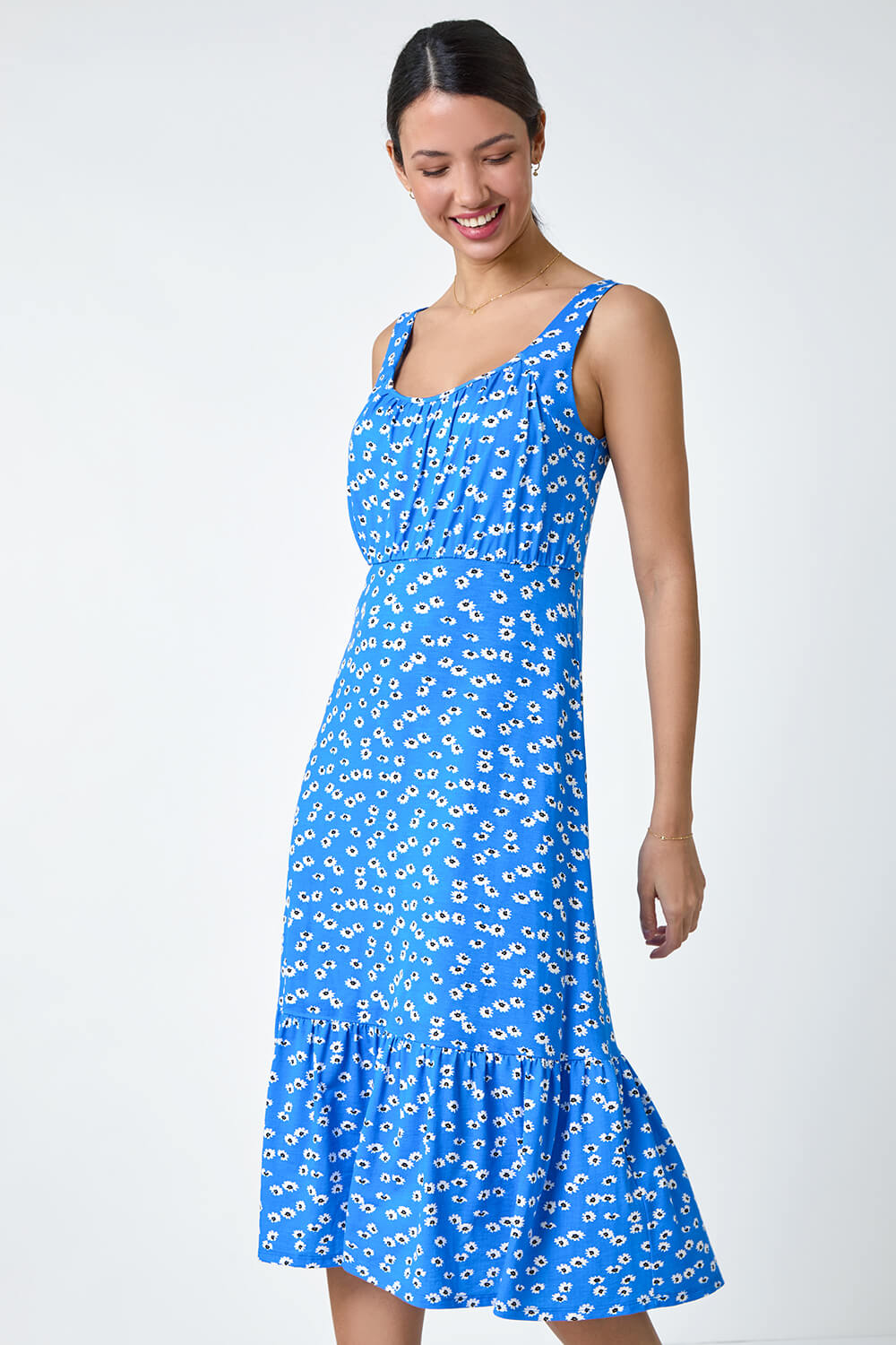 Blue Floral Frill Hem Stretch Midi Dress, Image 2 of 5