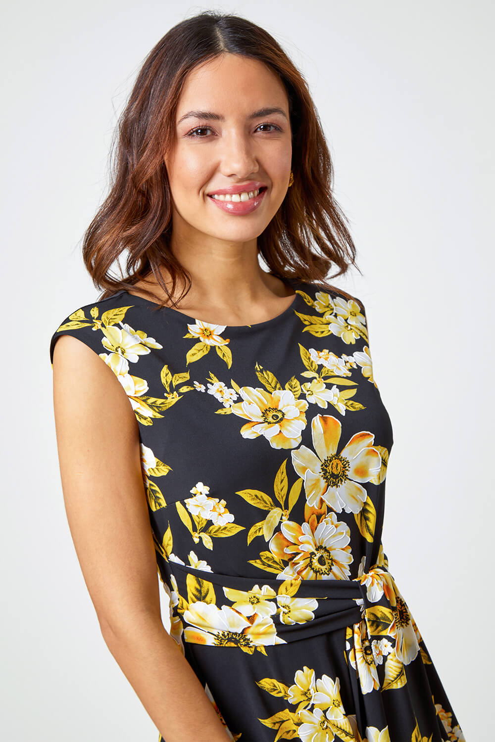Yellow Textured Floral Print Tie Dress, Image 4 of 5