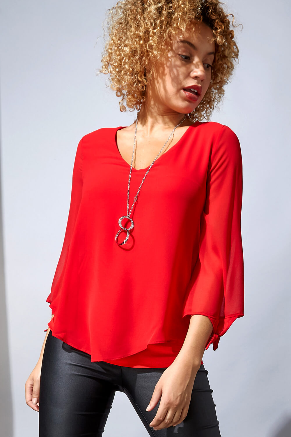 Roman Women's Necklace Trim Jersey 3/4 Sleeve Chiffon Top|Size: 16|red