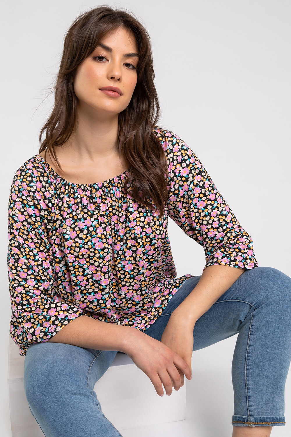 PINK Curve Ditsy Floral Frill Sleeve Top, Image 5 of 5