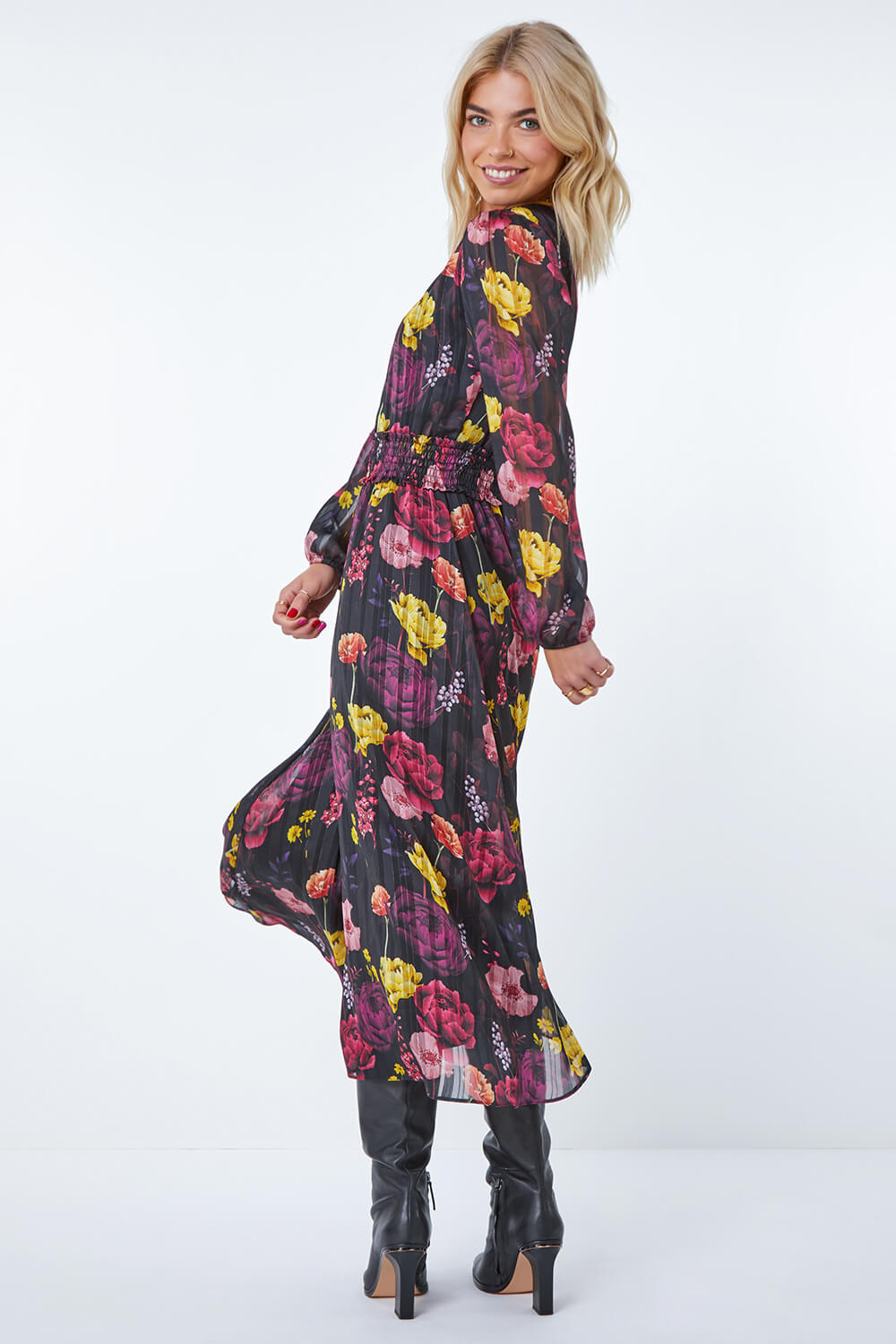 Black Floral Print Shirred Midi Dress, Image 2 of 5