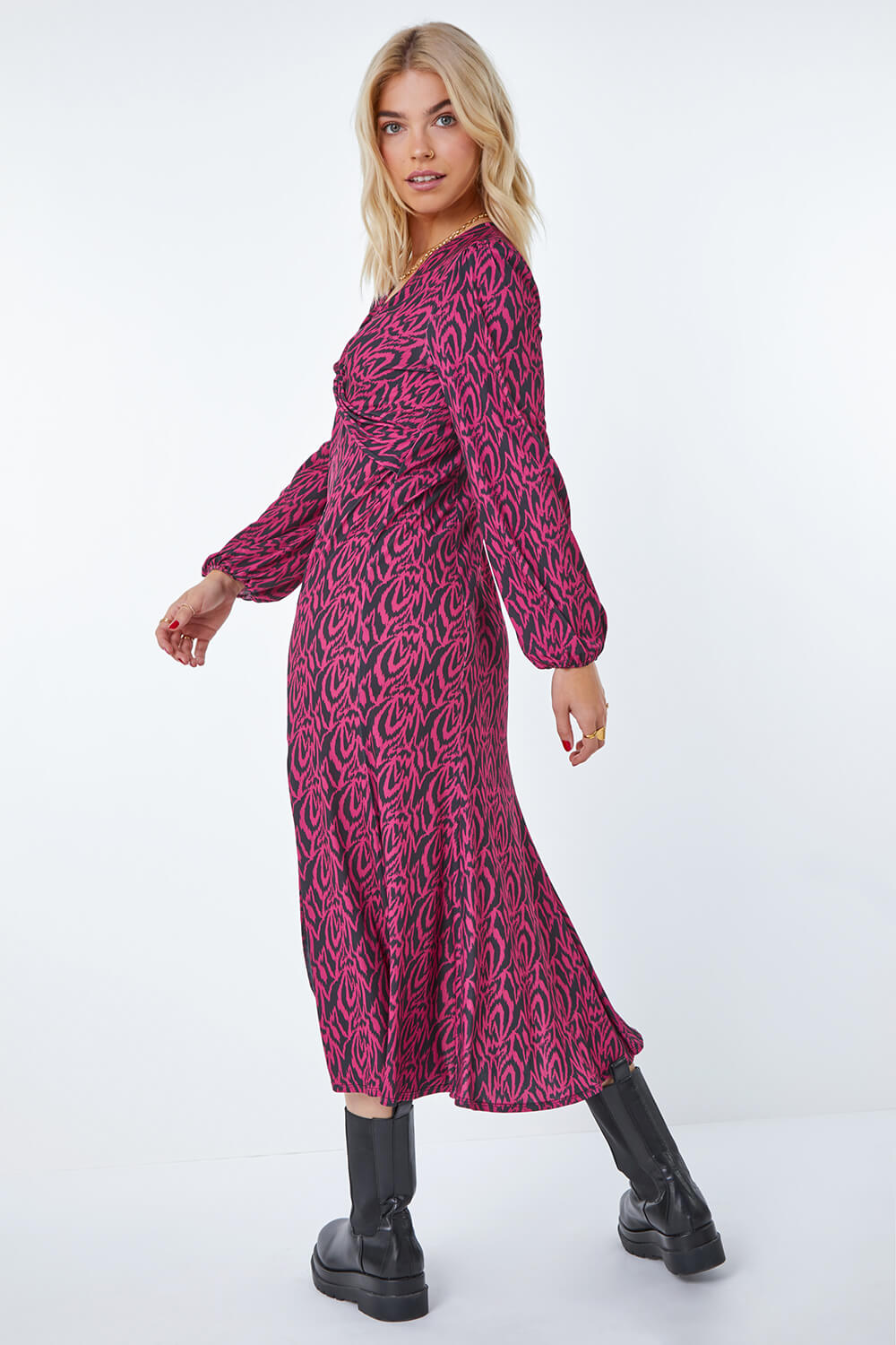 Fuchsia Knot Front Abstract Midi Dress, Image 3 of 5