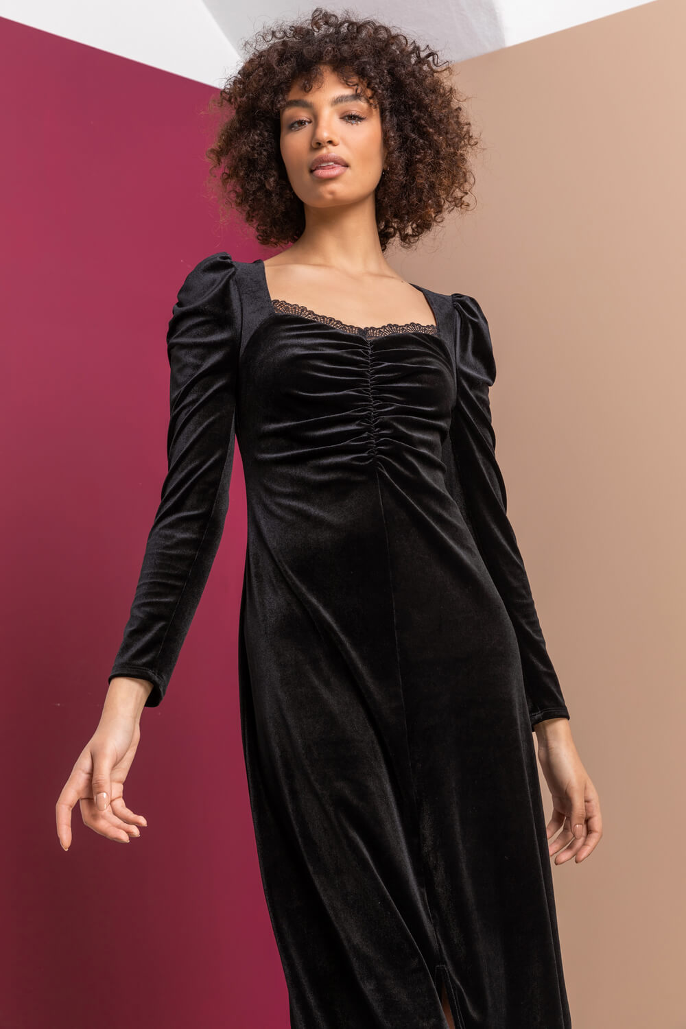 Black velvet lace trim Ruched Midi Dress, Image 3 of 4