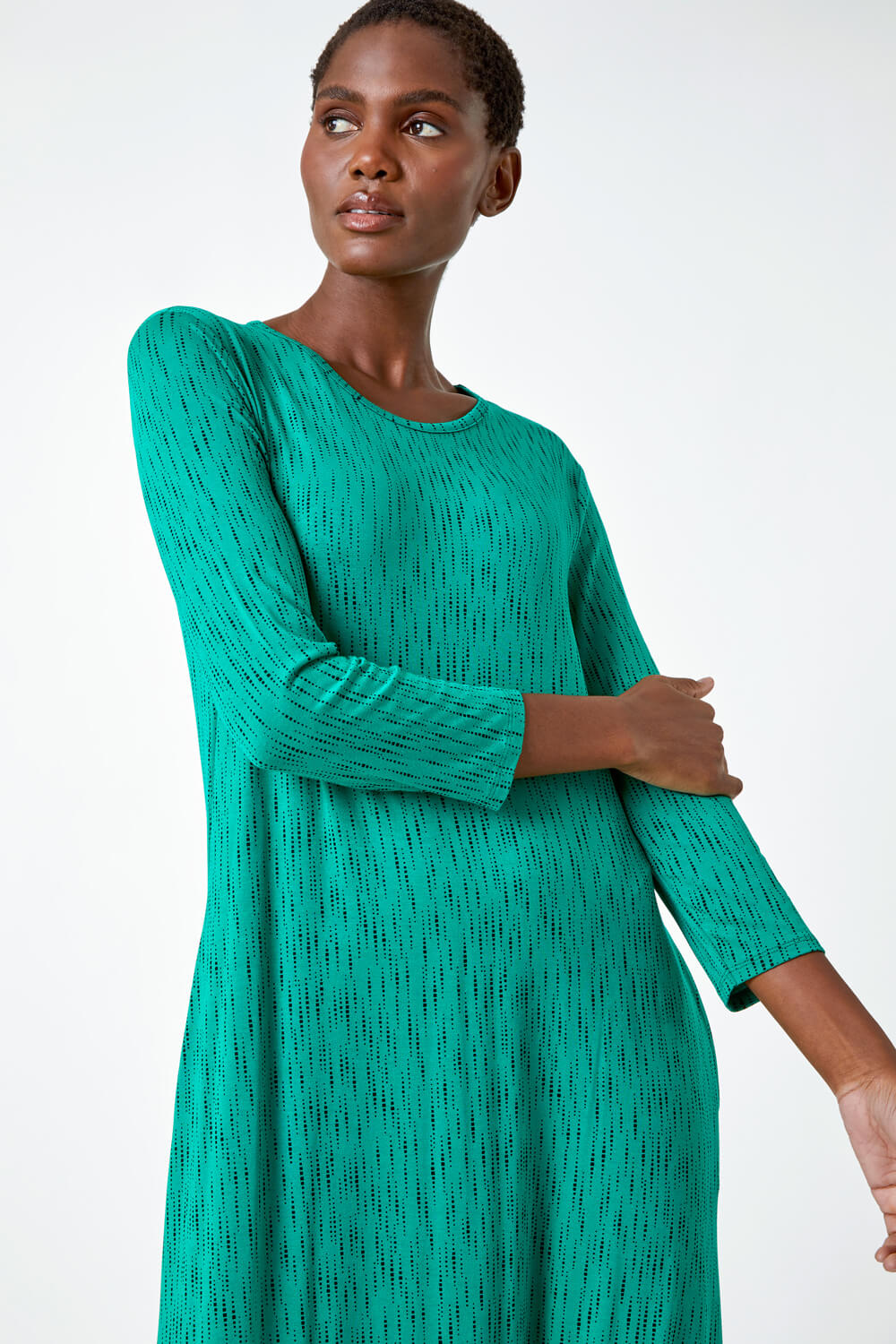 Green Abstract Pocket Stretch Midi Dress, Image 4 of 5