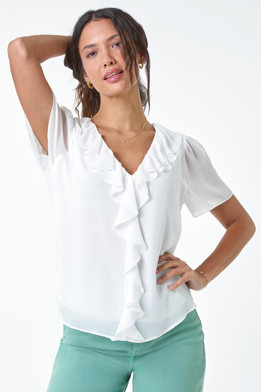 Ivory  Crinkle Textured Frill Detail Top, Image 4 of 5