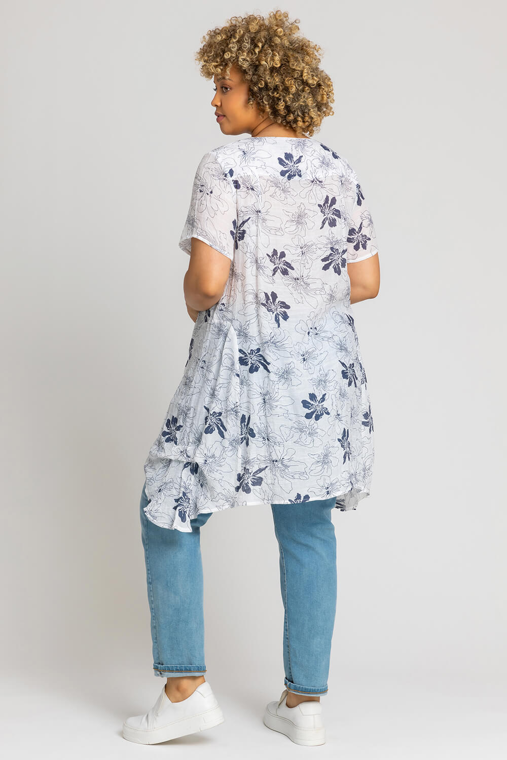 Blue Curve Floral Print Crinkle Tunic Top, Image 2 of 4