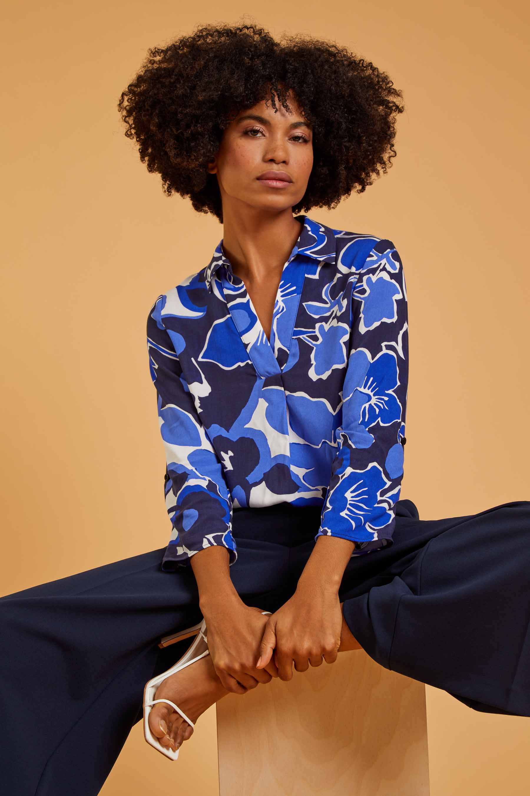 Royal Blue Floral Print Pleat Front Top, Image 2 of 6