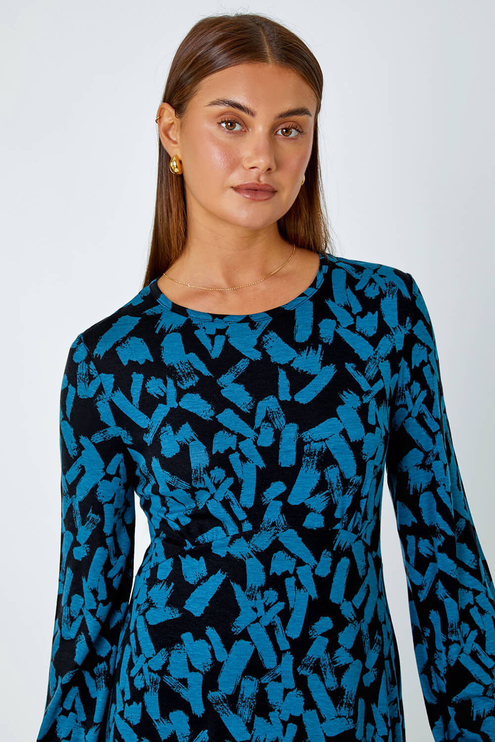 Blue Abstract Print Swing Stretch Dress, Image 4 of 5
