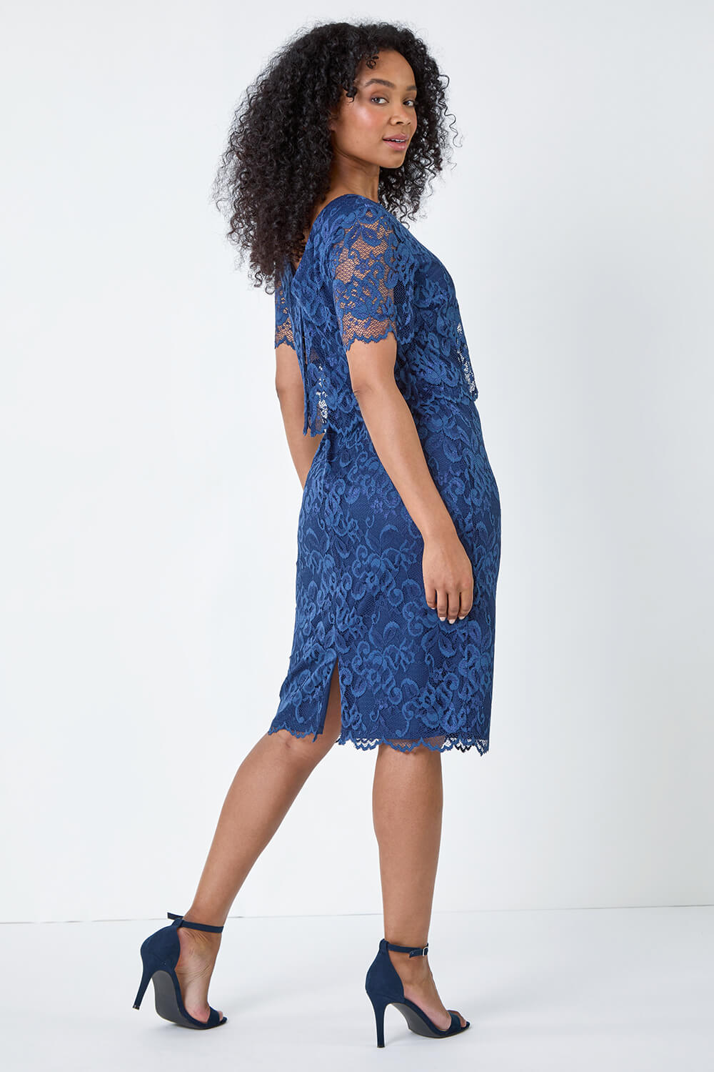Navy  Petite Lace Overlay Stretch Dress, Image 3 of 5