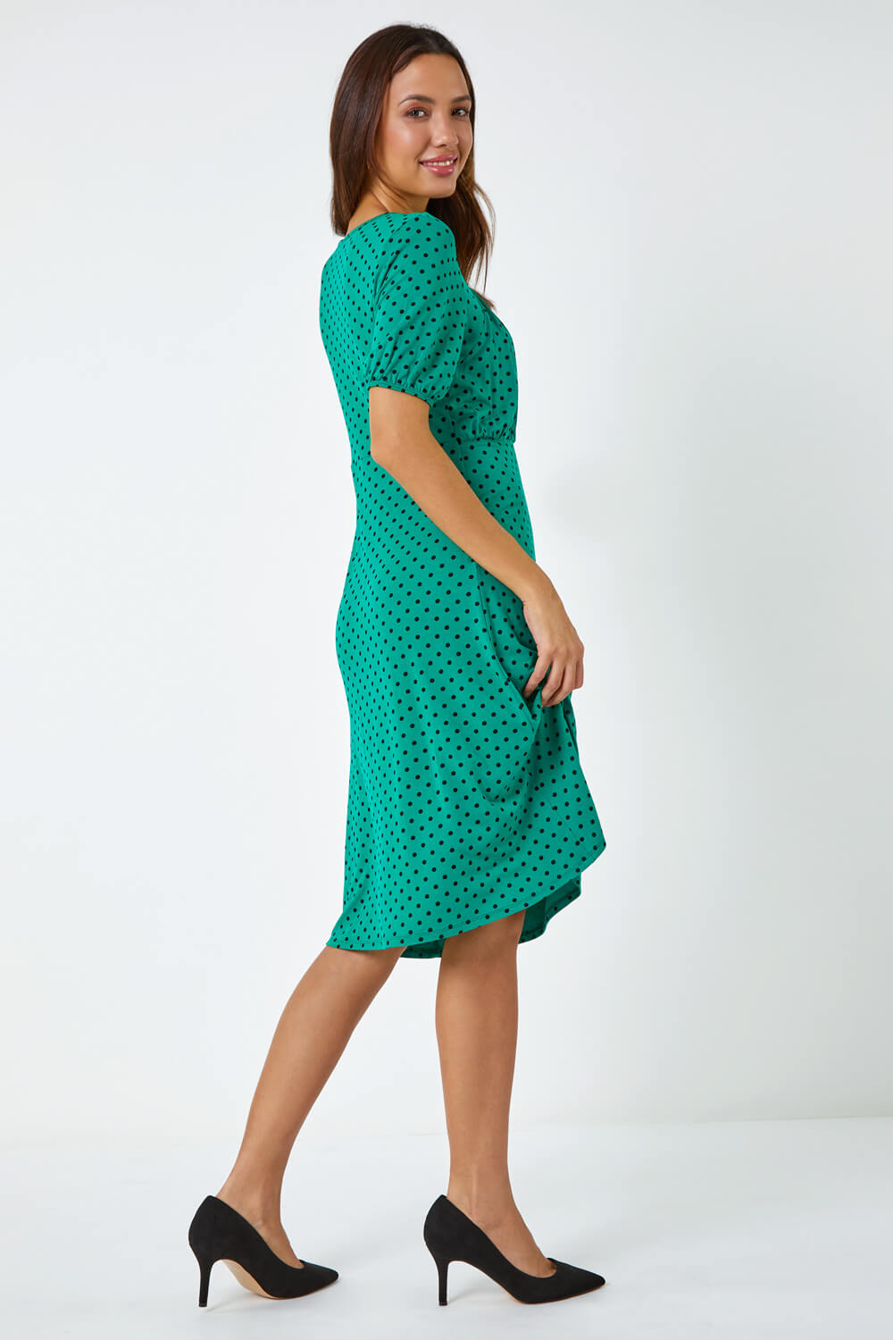 Green Polka Dot Print Stretch Dress, Image 3 of 5