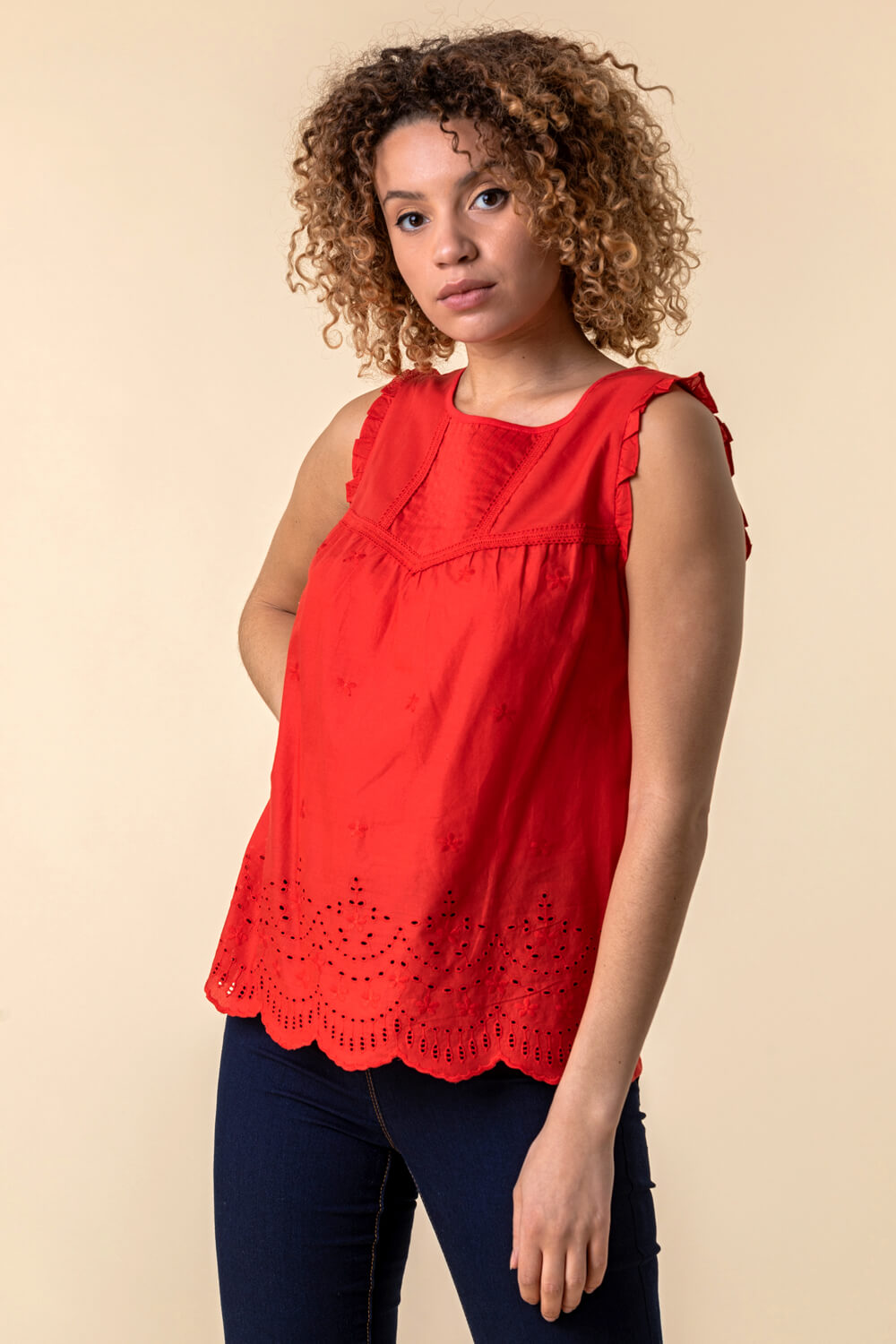 Red Embroidered Pintuck Detail Top, Image 2 of 4