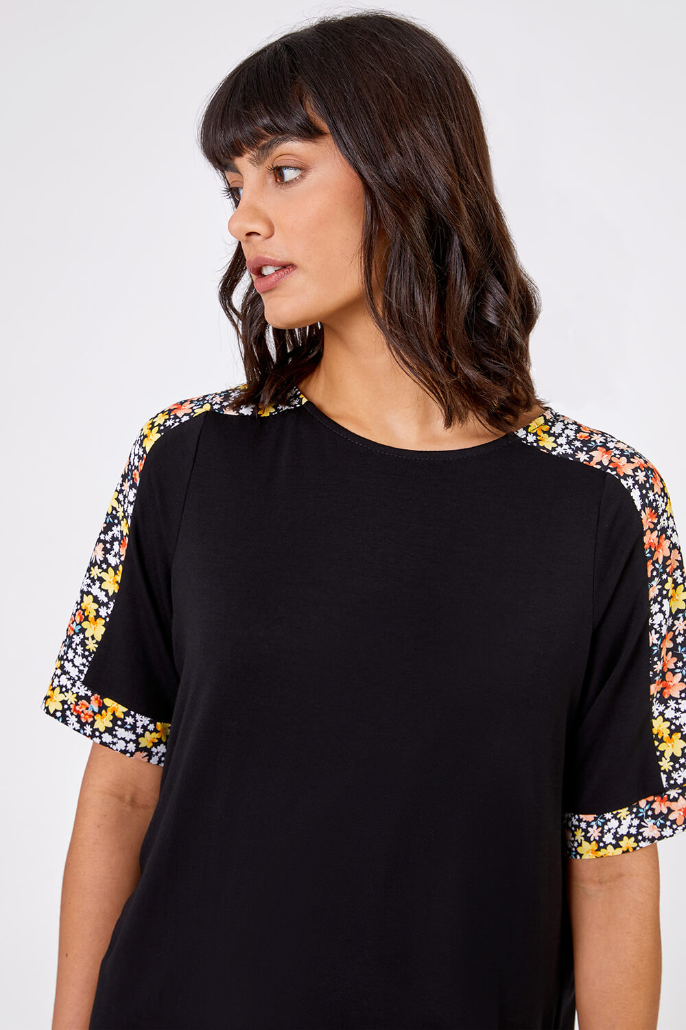Black Floral Print Contrast Jeresey Top, Image 4 of 4