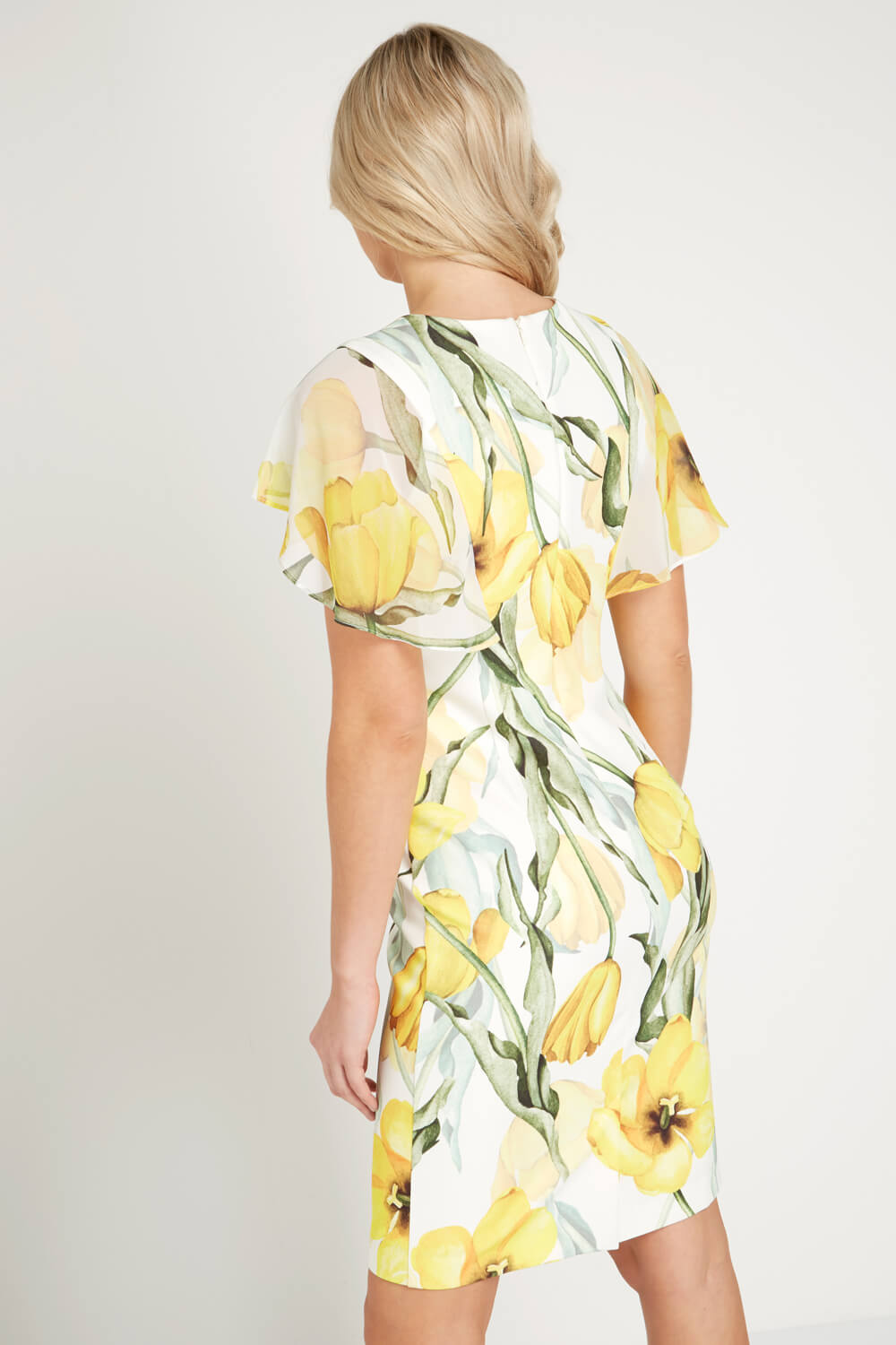 Yellow Floral Print Chiffon Scuba Dress, Image 2 of 4
